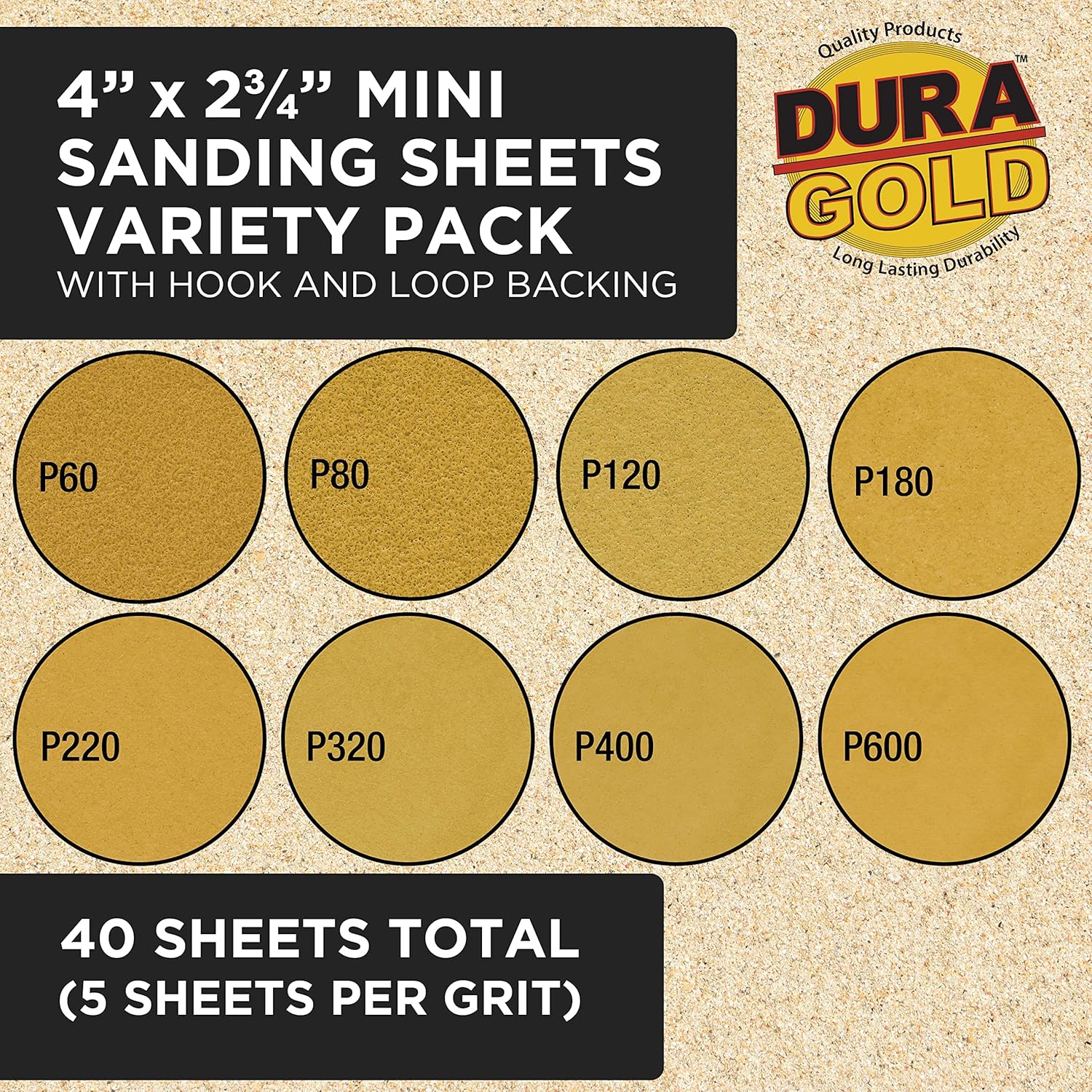 Dura-Gold Premium 60, 80, 120, 180, 220, 320, 400, 600 Grit 4" x 2.75" Size Gold Sandpaper with Hook & Loop Backing, 5 Each/40 Total - Wood Woodworking Automotive, Sanders