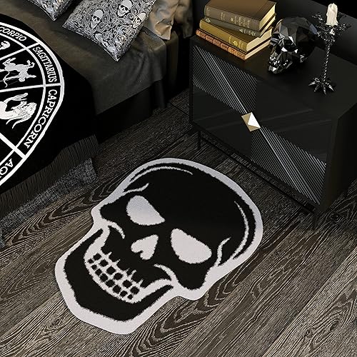 Miniatura 6 de Tapete de baño con diseño de calavera, gótico blanco y negro, antideslizante, absorbente, de microfibra, para decoración de baño de Halloween, hogar