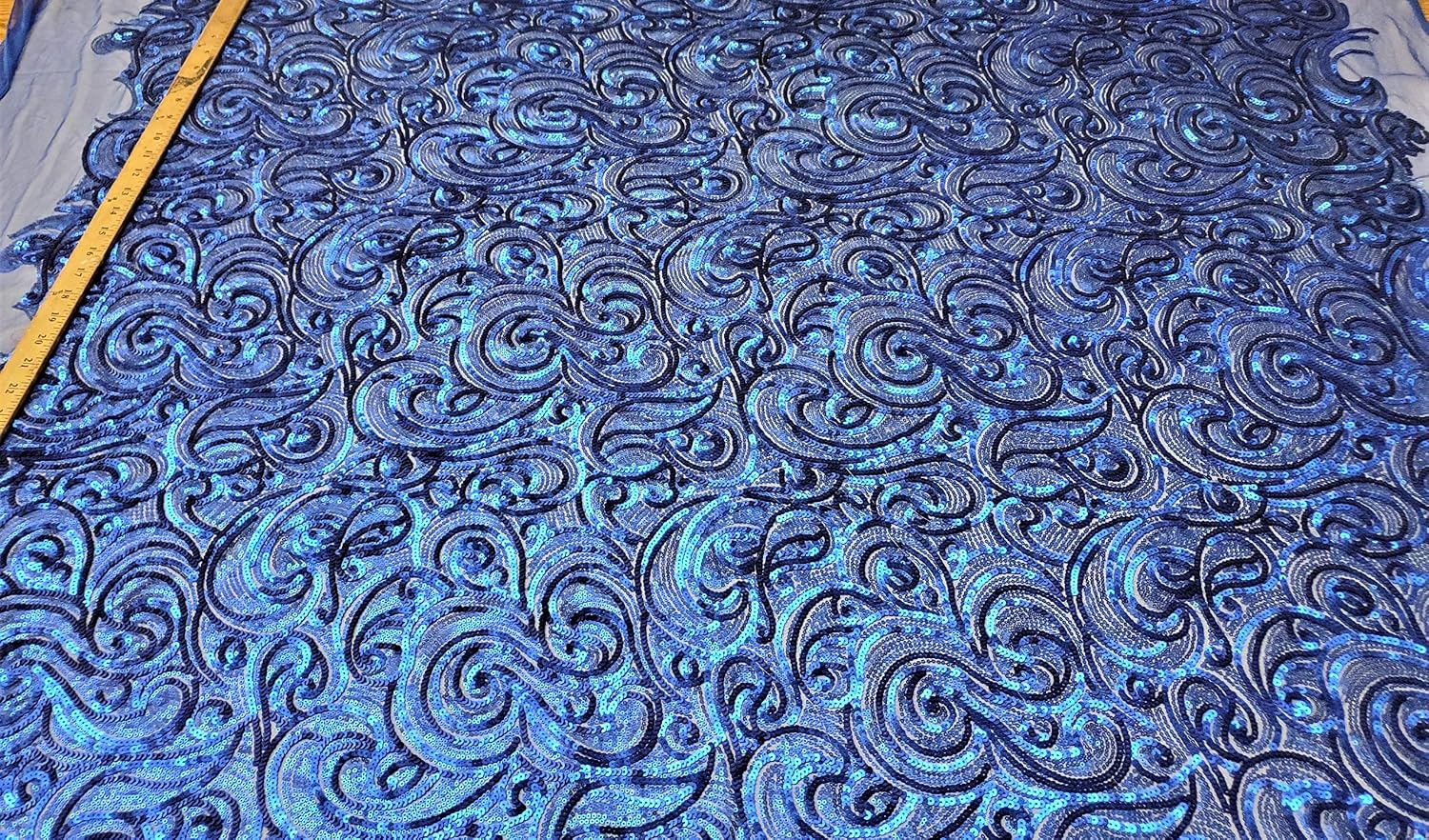 "The Spiral Sequin" 3 Feet 1 Yards Curly Sequin Fabric on Poly Mesh, by The Yard, Sequin Fabric, Tablecloth, Linen, Sequin Tablecloth, Table Runner Photo Booth Backdrop (Matte Royal Blue)