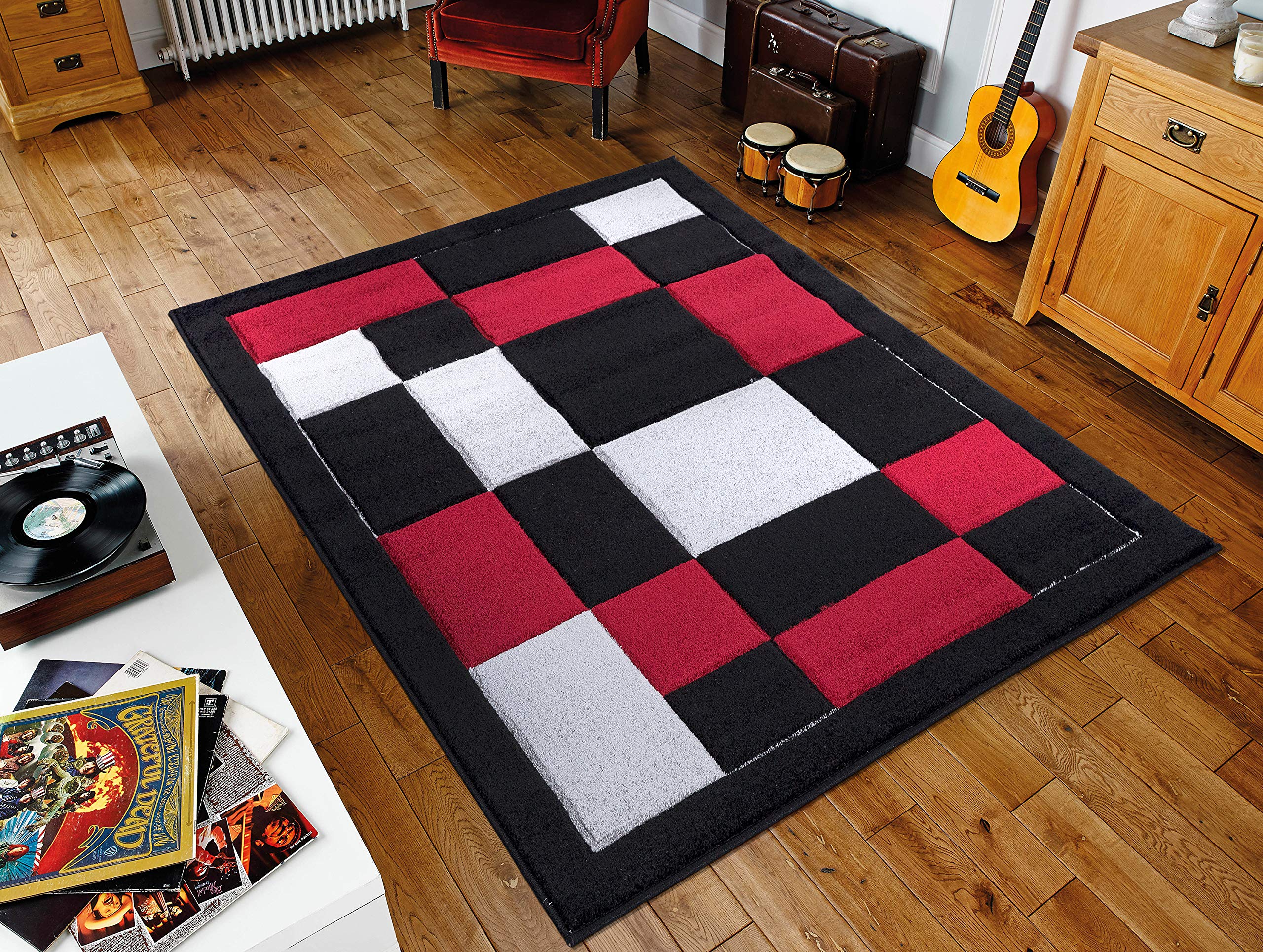 B&Q Smart Living Modern Thick Havana Carved Area Rug, Living Room Carpet, Kitchen Floor, Bedroom Soft Rugs 60Cm X 110Cm - Black Red Black/Red