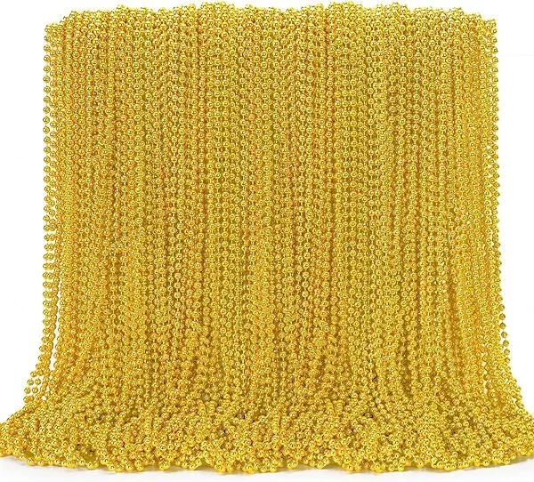 144PCS Mardi Gras Beads, Gold Bead Necklace Christmas Stuff, 33" Mardi Gras Beads Necklace Costume Bulk, Festival Parade Throw Accessories for Christmas Mardi Gras Wedding Birthday Party Supplies