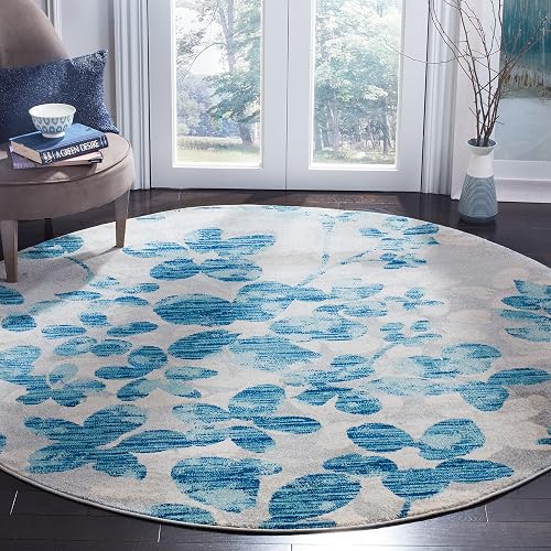 SAFAVIEH Evoke Collection 6'7' Round Grey/Light Blue EVK236J Floral Non-Shedding Dining Room Entryway Foyer Living Room
