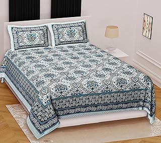 Marusthali Soft Rajasthani Jaipuri Sanganeri Print bedsheet Queen Traditional Cotton Bedsheets bed sheet Bedding Set Blanket Bed Cover Size 90 x 100 Inches (Grey and blue)