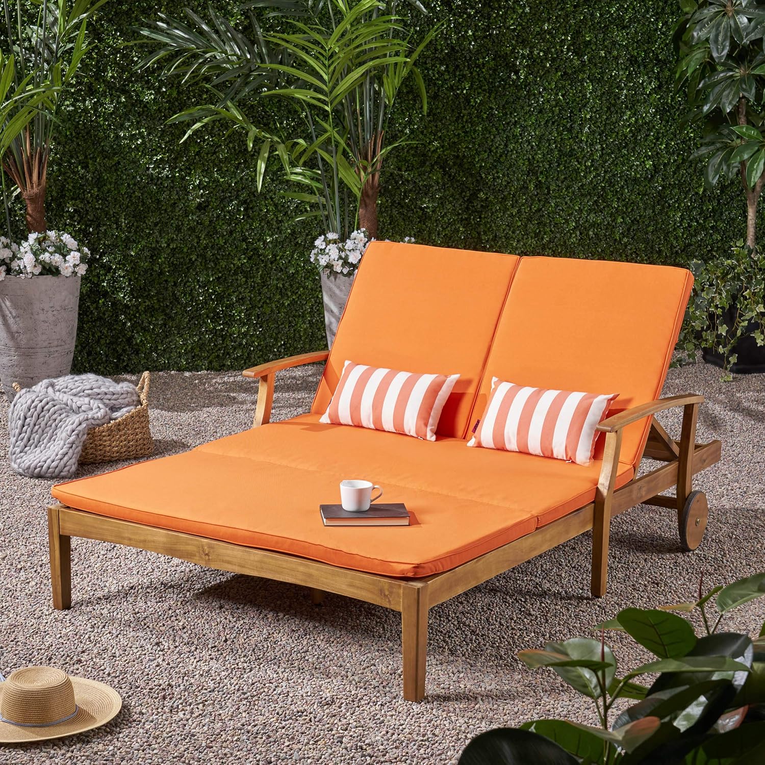 Teak Double Chaise Lounge with Orange Cushions