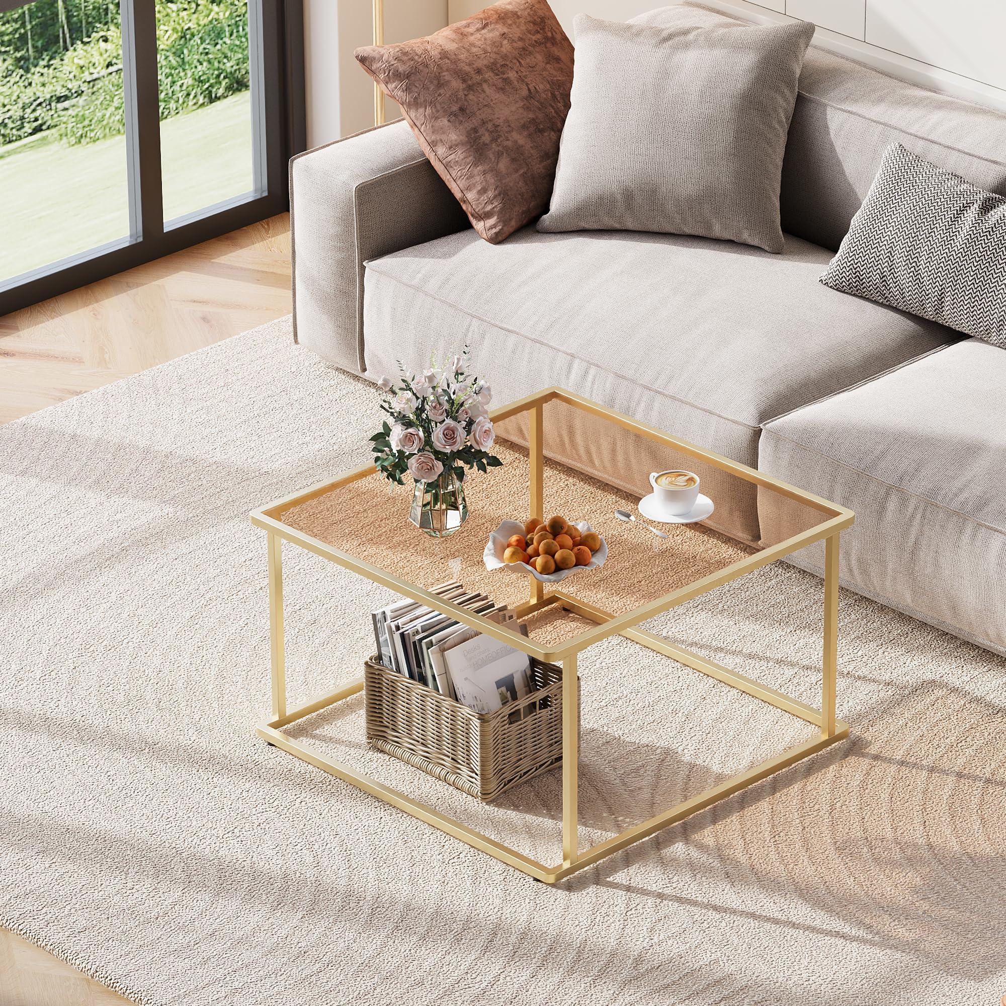 WLIVE Coffee Table Glass Coffee Table for Living Room Modern Small Coffee Table with Tempered Glass Metal Frame