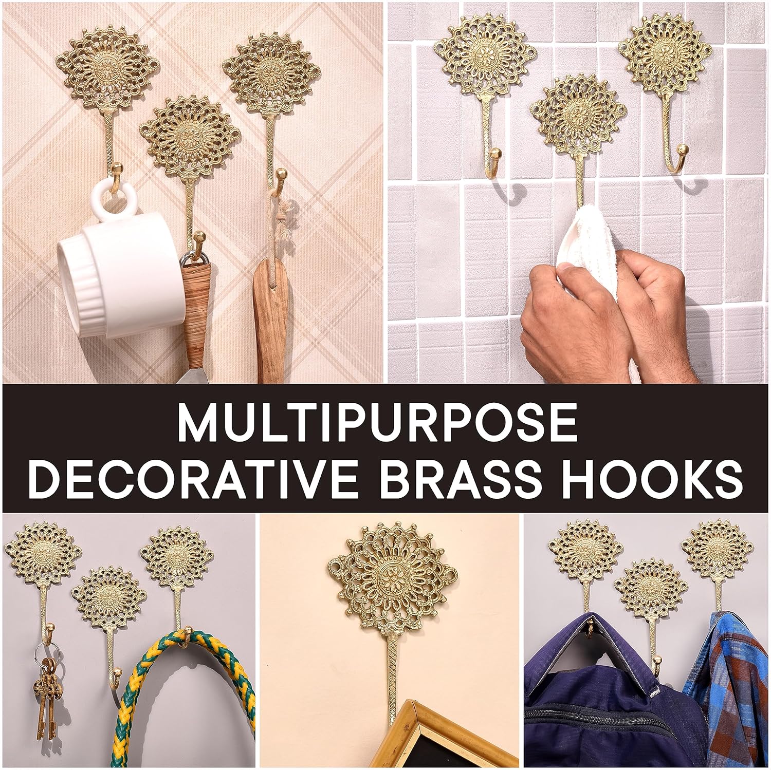 Indian Shelf 3 Sets Brass Sunflower Heavy Duty Decorative Vintage Key Holder, Key Wall Hooks for Hanging Coats, Jackets, Leash, Hat, Towel, Backpack, Purse, Handbag [Golden]