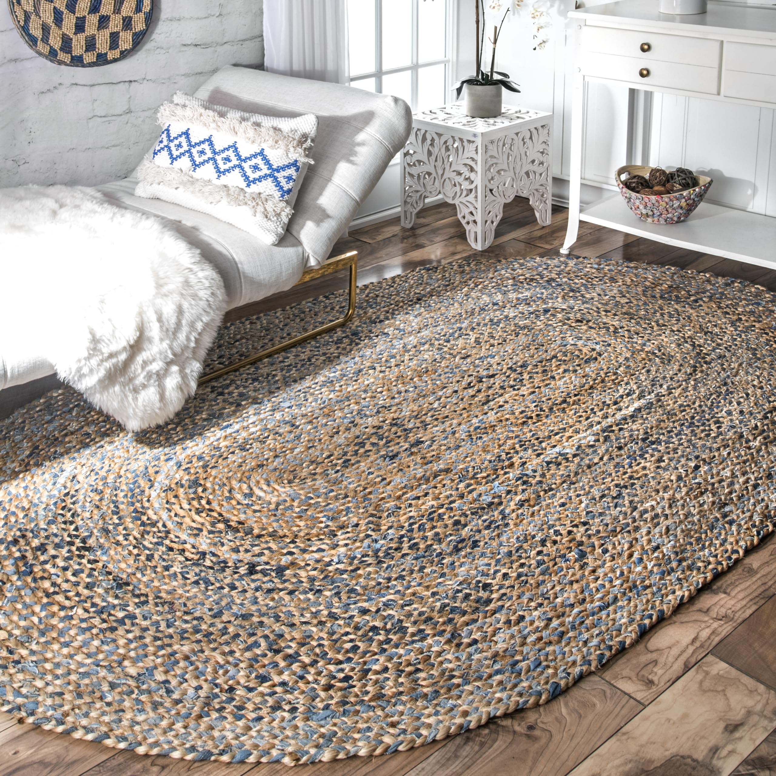 nuLOOM Eliz Braided Denim and Jute Area Rug, 5' x 8' Oval, Blue