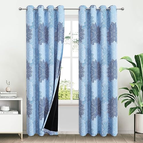 Miniatura 3 de Xwincel Cortinas opacas bohemias completas para dormitorio, decoración floral de mandala floreciente, tratamiento de ventana, aislamiento térmico,