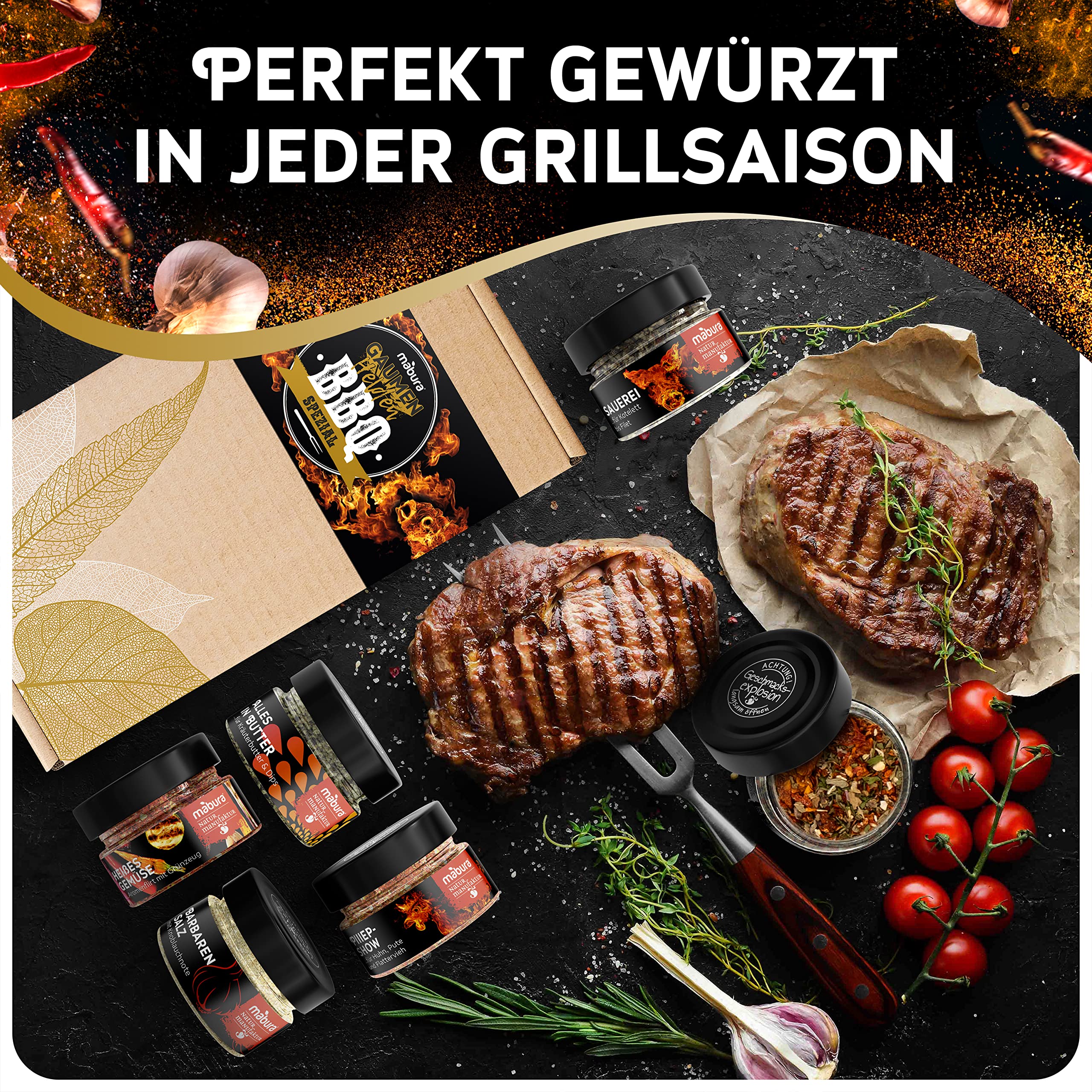 Grillgewürze Geschenkset - Leckere Grill Geschenke für Männer – das etwas andere Grill Gewürze Geschenkset – Grillgewürze Geschenkset Männer - 6 BBQ Gewürze von Hand abgefüllt 100% Bio (BBQ Box)