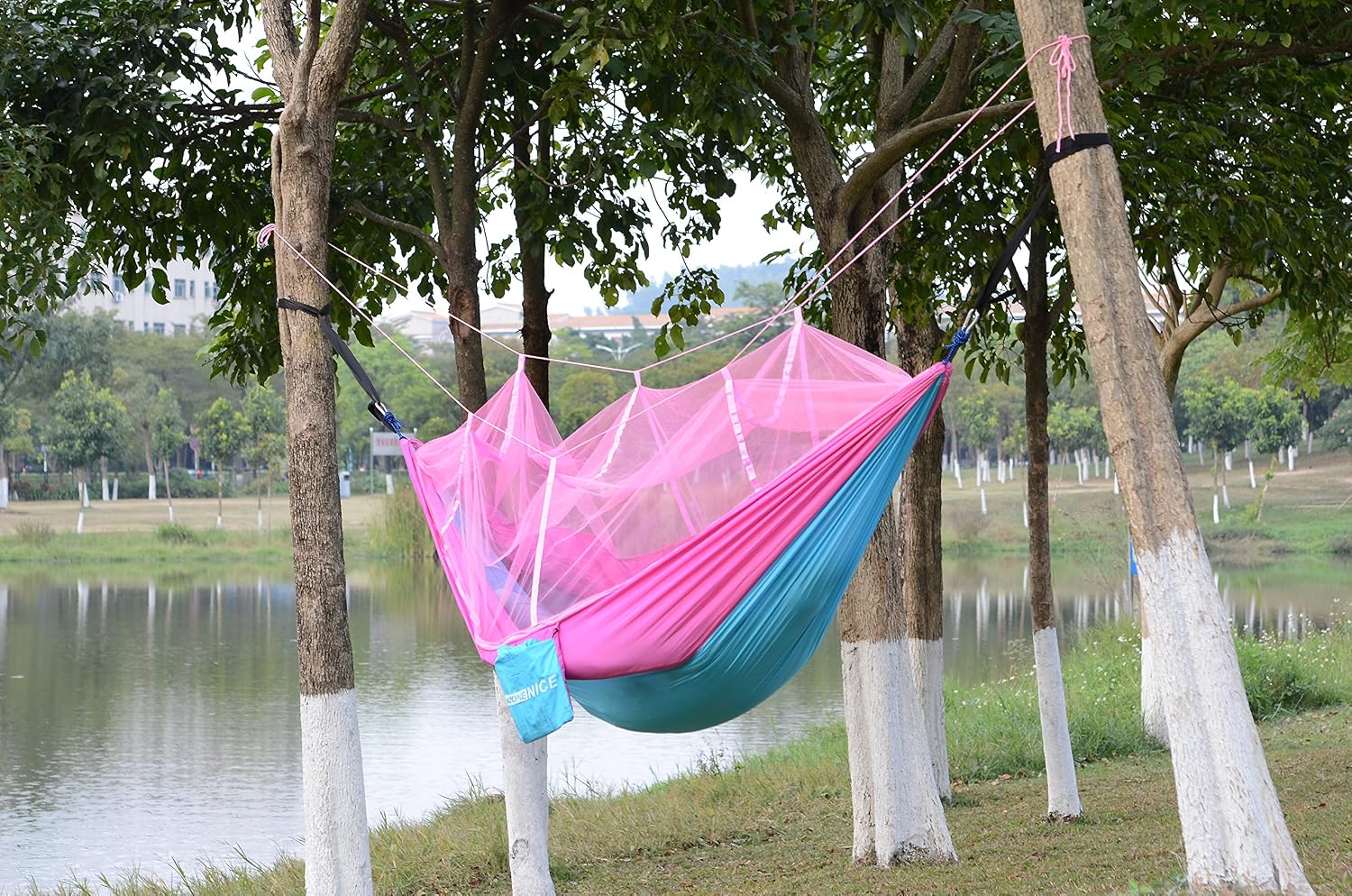 WoneNice Hammock with Mosquito Net, Portable Lightweight Nylon Parachute Multifunctional Hammock with Net and Tree Straps for Camping, Backpacking, Travel, Beach, Yard.