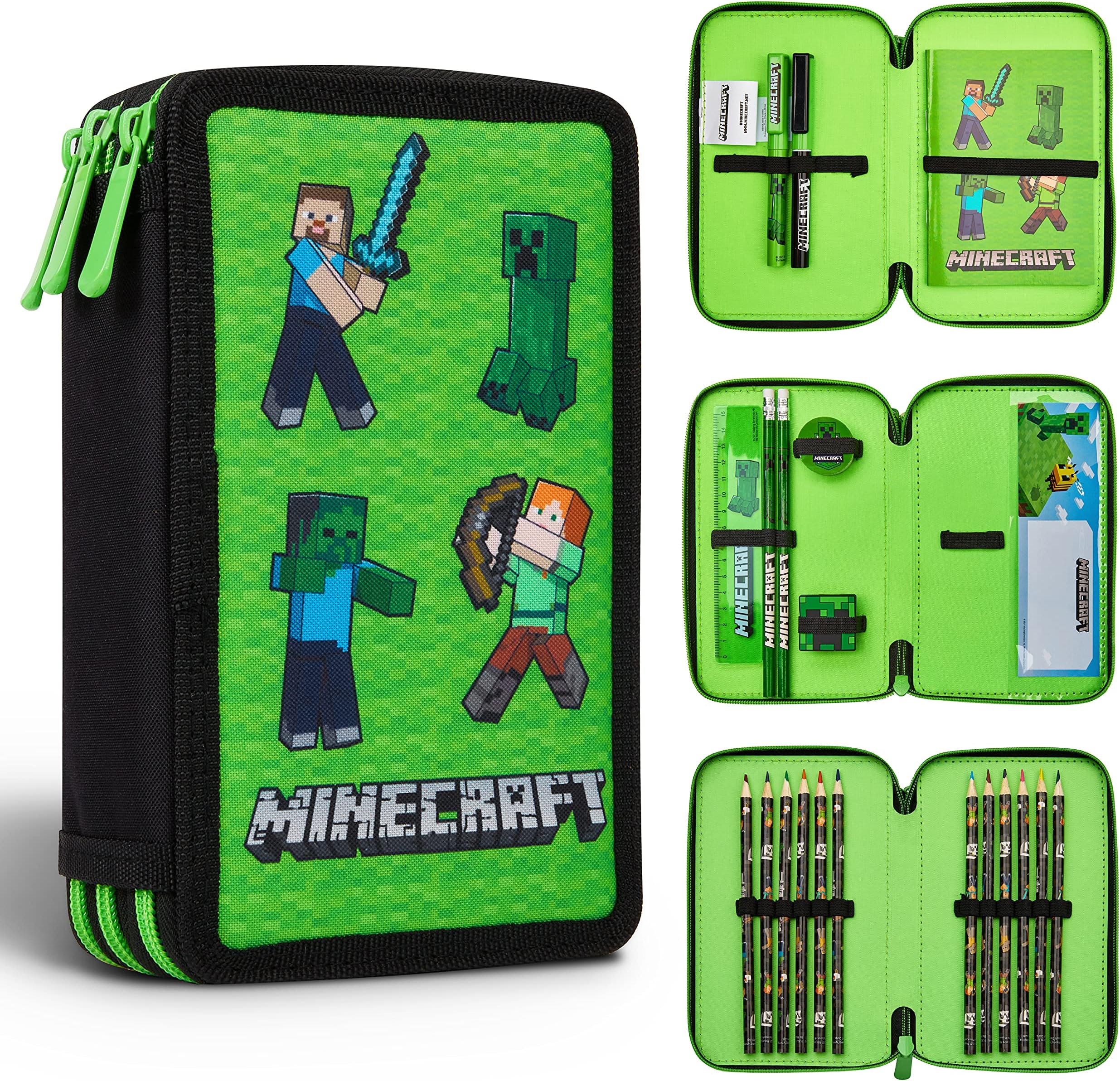 Minecraft Children's Pencil Case with Multiple Compartments, Stationery Included - Ecole Fourniture, Green Mob, Taille unique, School Pencil Case