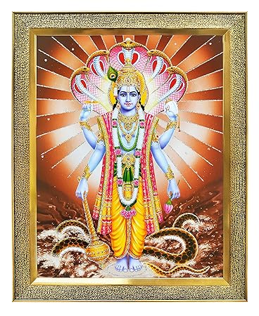 KHANNA Vishnu ji on sheshnag in Ocean Photo Frame for Wall Hanging/Gift/Temple/puja Room/Home Decor Golden Frame with Acrylic Sheet (Glass) (vishnuji_Standing_Brown, Synthetic Wood)