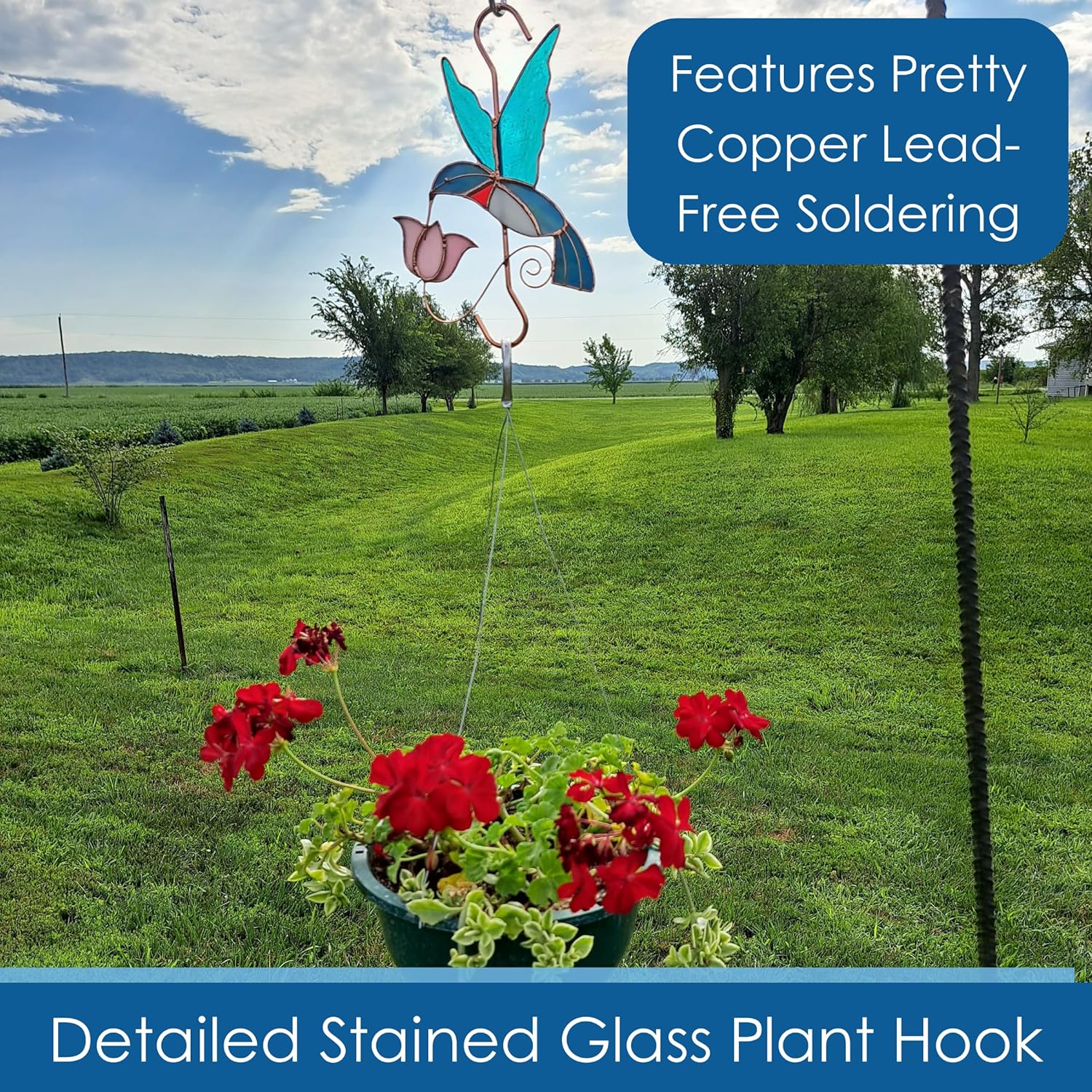 Gift Essentials Plant Hanger Hook - Hummingbird with Pink Flower - Stained Glass Sun Catcher Plant Hook for Indoor and Outdoor Use - Copper S Hooks Top and Bottom