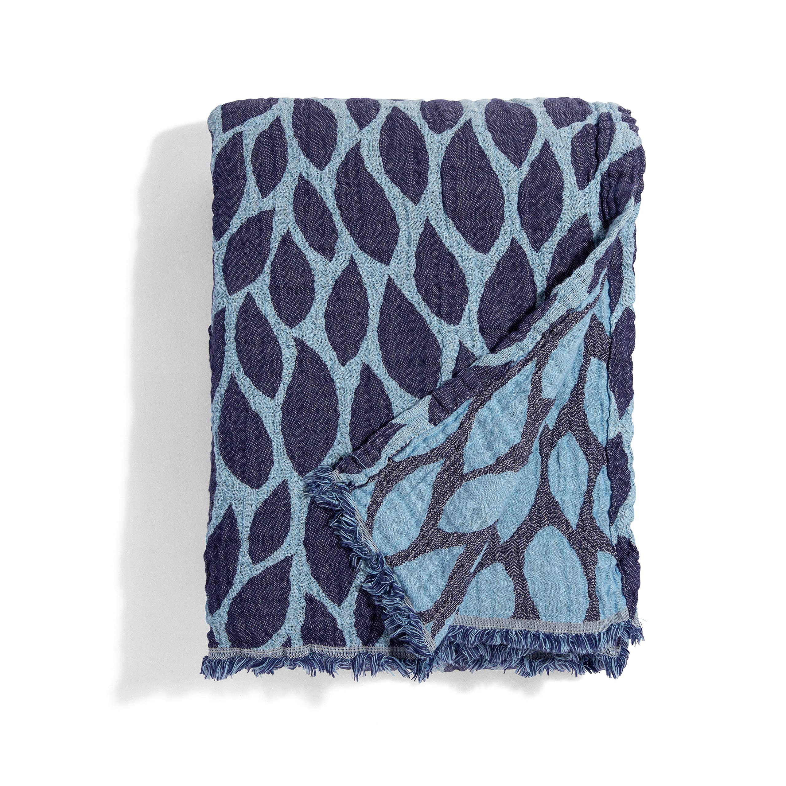 InfuseZen Turkish Blanket with Raindrop Print – Muslin Weave Reversible Throw Blanket – 100% Cotton - Breathable, Thin and Lightweight Gauze Throw Blanket – Large 92” x 65” (Navy / Blue)