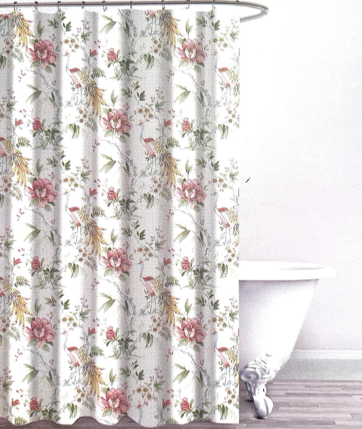 Fabric Shower Curtain Floral Blooms Pattern in Shades of Pink Gray Beige Taupe on White 100 Percent Cotton Luxury, 72 inches x 72 inches