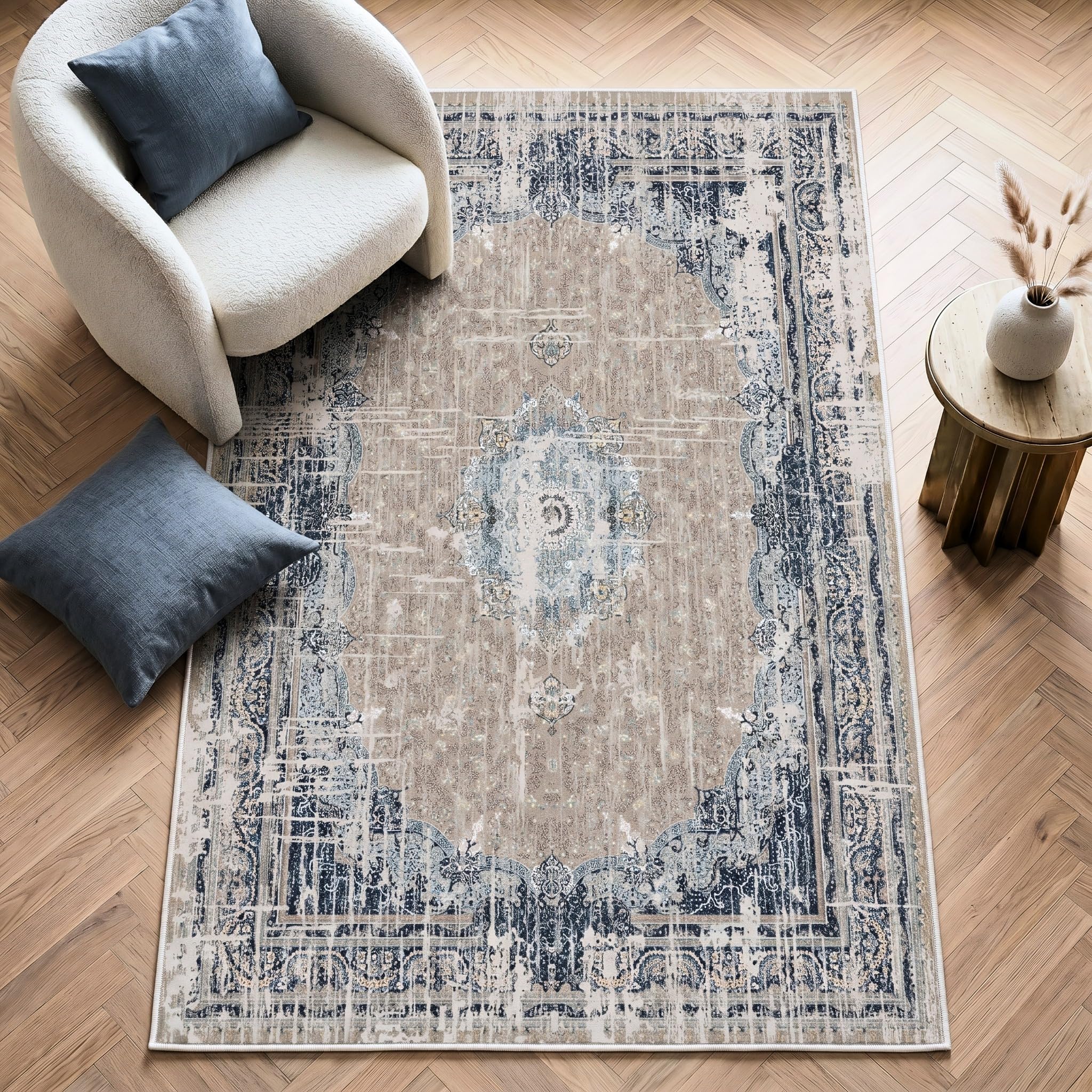 Imperium Homeware Machine Washable Rug, 160x230cm, Non-Slip Backing, Short Pile, Non-Shedding, Pet-Friendly — Area Rug for Living Room & Bedroom, Sahara Dune with Aged Distressing