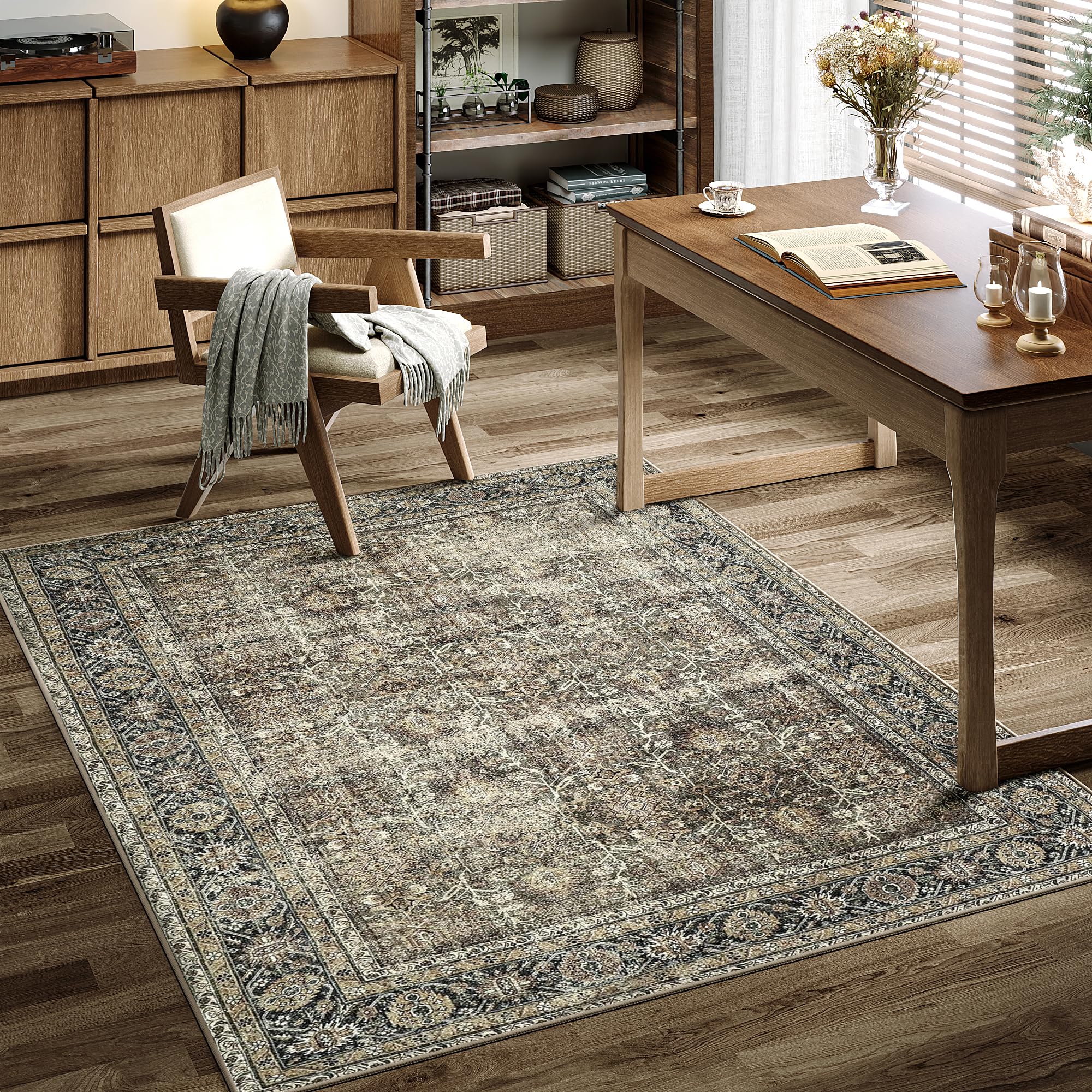 PureCozy Brown Small Area Rug 4x5 Vintage Traditional Distressed