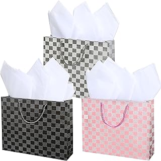 MyGift Birthday Gift Bags for Women, Kids, Men with Assorted Color Glitter Checkerboard Design, 15 x 12, Set of 3