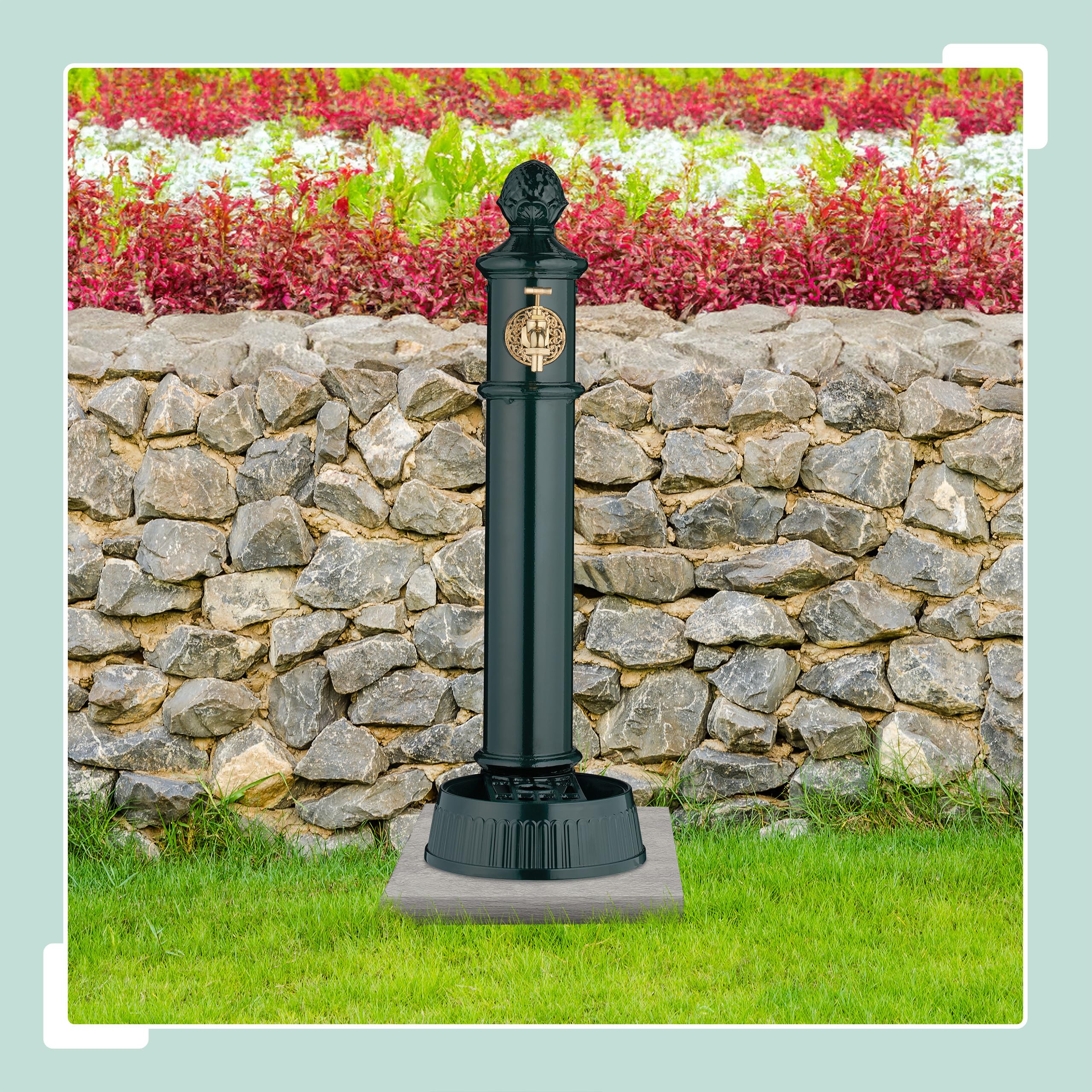 Relaxdays Fuente de Pie Antigua, con Grifo y Lavabo, 83x26x31,5 cm, Bebedero de Jardín, Terraza, Aluminio Fundido, Verde