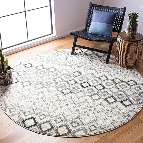 SAFAVIEH Amsterdam Collection AMS108A Moroccan Boho Non-Shedding Dining Room Entryway Foyer Living Room Bedroom Area Rug, 3' x 3' Round, Ivory / Grey
