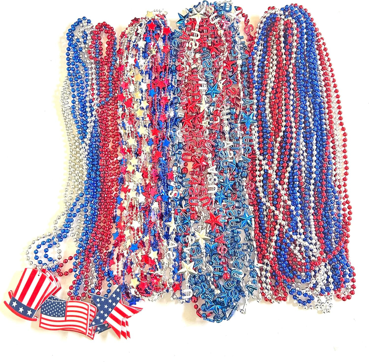 61 Pcs 4th of July Patriotic Bead Necklaces Fourth of July Red White Blue Beads Necklaces Patriotic Independence Day Parade Party Supplies