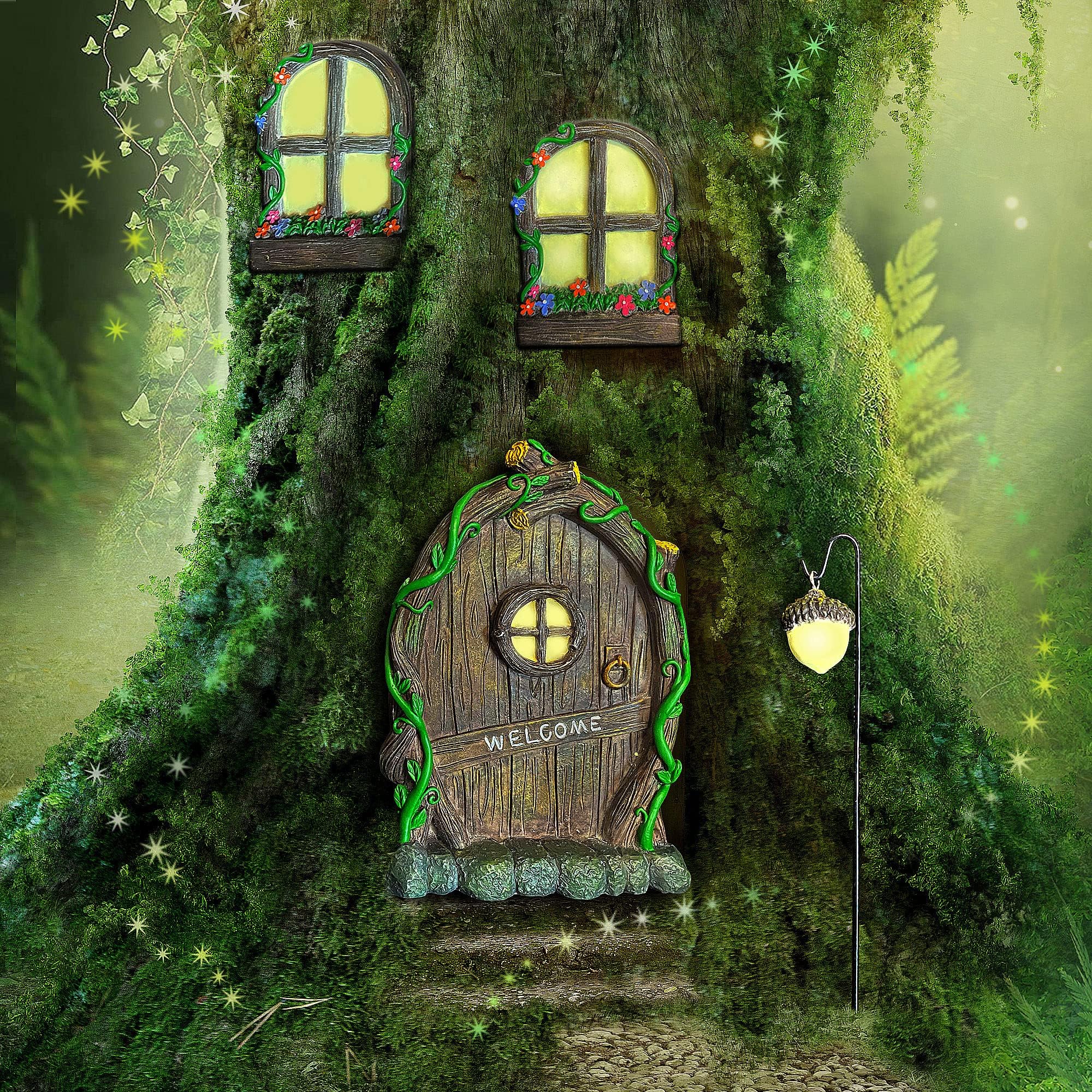 RP Fairy Door Cabin Set of 4 Garden Ornaments Outdoor Decor Home Resin Solar Decoration Accessories Glow In The Dark House Fairies Pixie Gnome Gardening Gifts For Men Women Girls Children