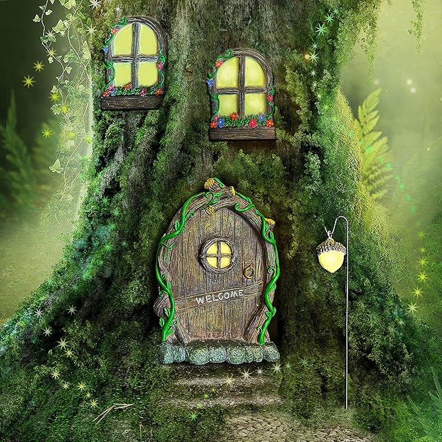 RP Fairy Door Cabin Set of 4 Garden Ornaments Outdoor Decor Home Resin Solar Decoration Accessories Glow In The Dark House Fairies Pixie Gnome Gardening Gifts For Men Women Girls Children Boys Toys