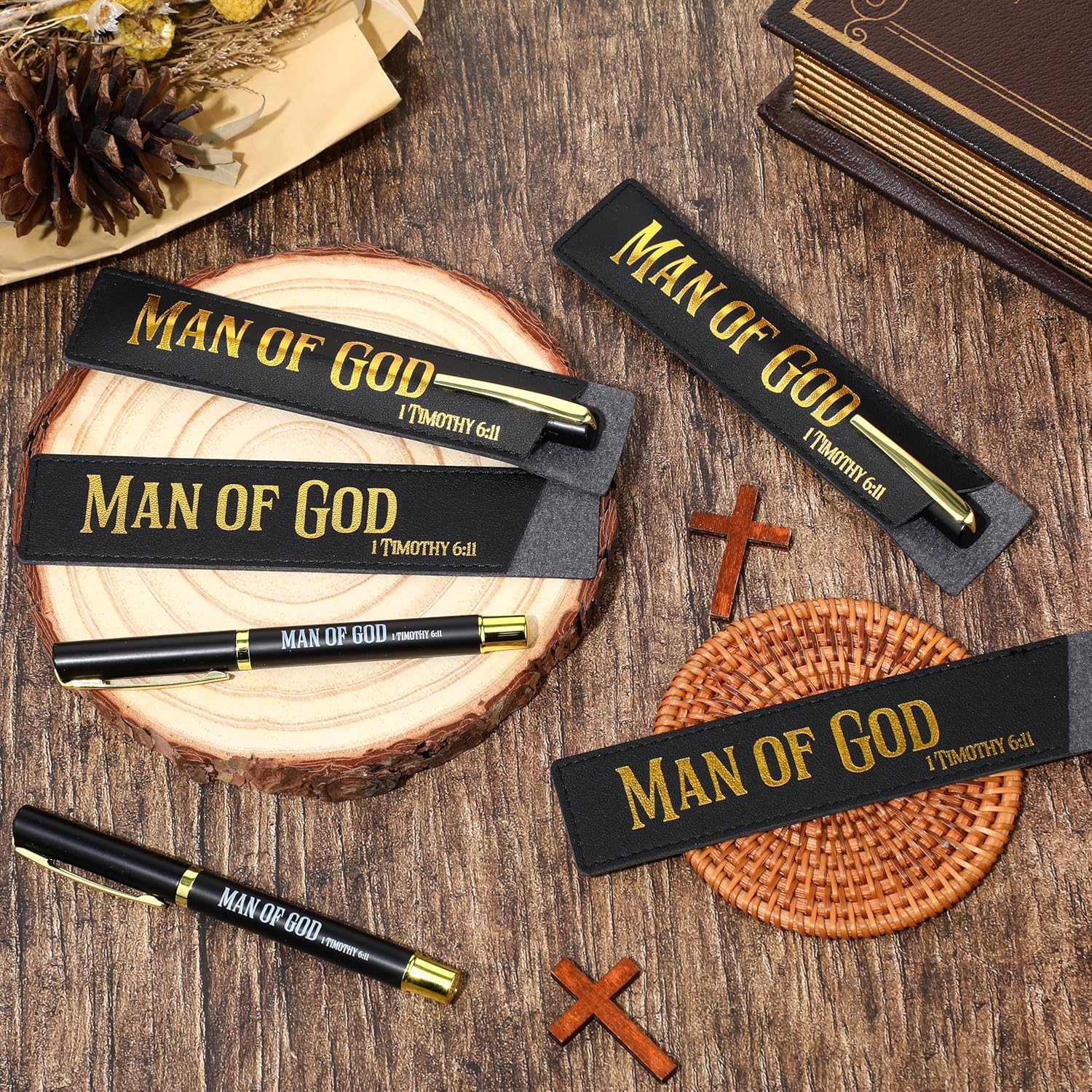 Spakon 40 Sets Christmas Christian Gifts Bulk Man of God Pen for Men Bible Verse Pens with Leather Pen Holder Sleeve Faith Based Gifts Baptism Church Party Favor for Dad Pastor