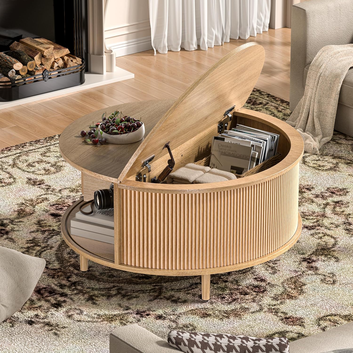 Round Coffee Table, 31.5" Fluted Center Table with Storage, Lift-Top Coffee Table with Adjustable Footpads, Sliding Door, Mid-Century Modern Center Table for Living Room, Small Space (Nature)