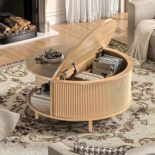 Miniatura 3 de Mesa auxiliar redonda, mesa central acanalada de 31.5 pulgadas con almacenamiento, mesa de centro elevable con almohadillas ajustables, puerta