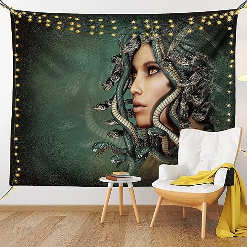 Miniatura 9 de Ambesonne Tapiz mitológico, mujer con serpientes en la cabeza, estilo oculto, para colgar en la pared ancha para dormitorio, sala de estar,