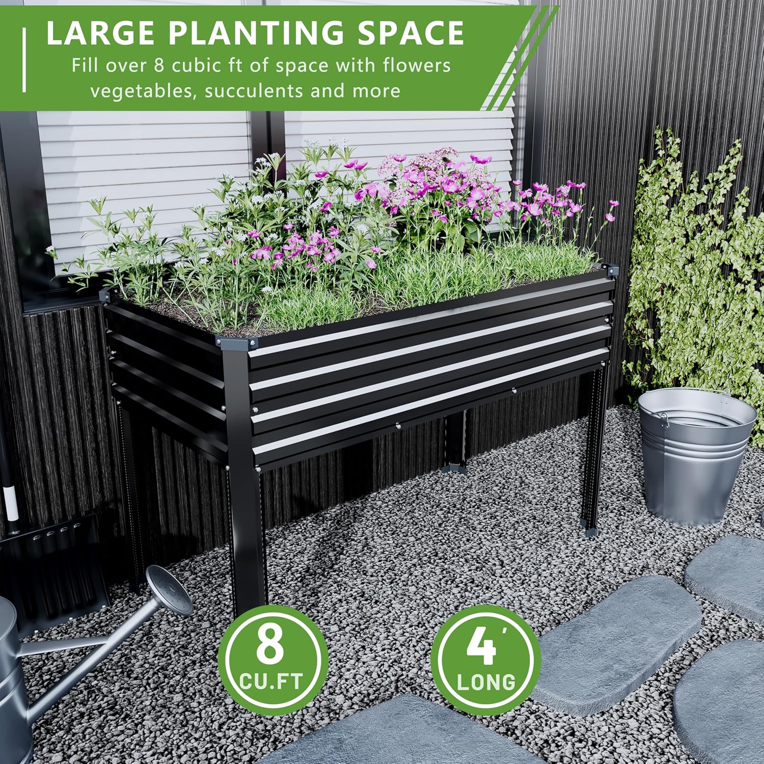 48×24×30in Galvanized Raised Garden Bed,Metal Elevated Planter Box with Legs for Patio,Balcony,Backyard,300lb Capacity,Black