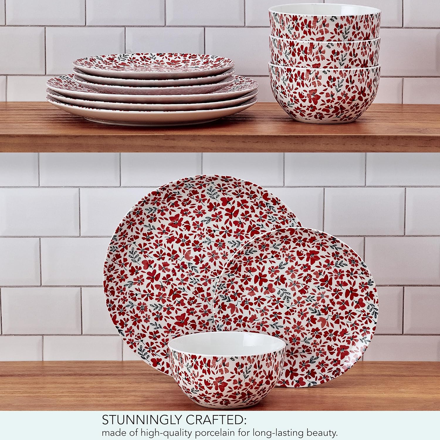 Pfaltzgraff Radiant Blossom 12 Piece Floral Stoneware Dinnerware Plate Bowl Dish Set, Service for 4, Red - Image 6