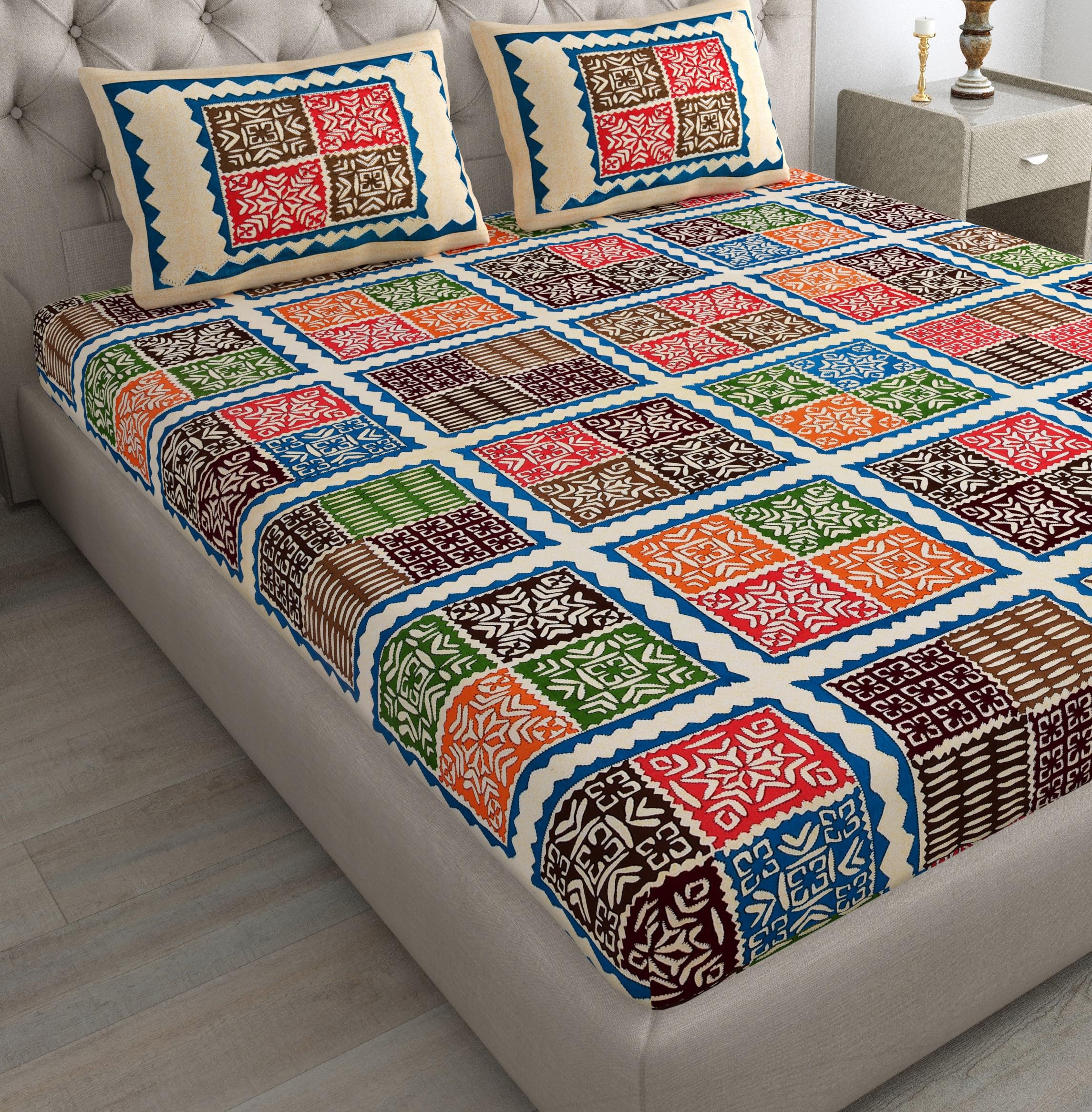 JAIPUR PRINTS 100% Cotton Bedsheet for Double Size Bed with 2 Pillow Covers Rajasthani Jaipuri Printed 90x100 inch 235x215 cm (Blue)-image-11