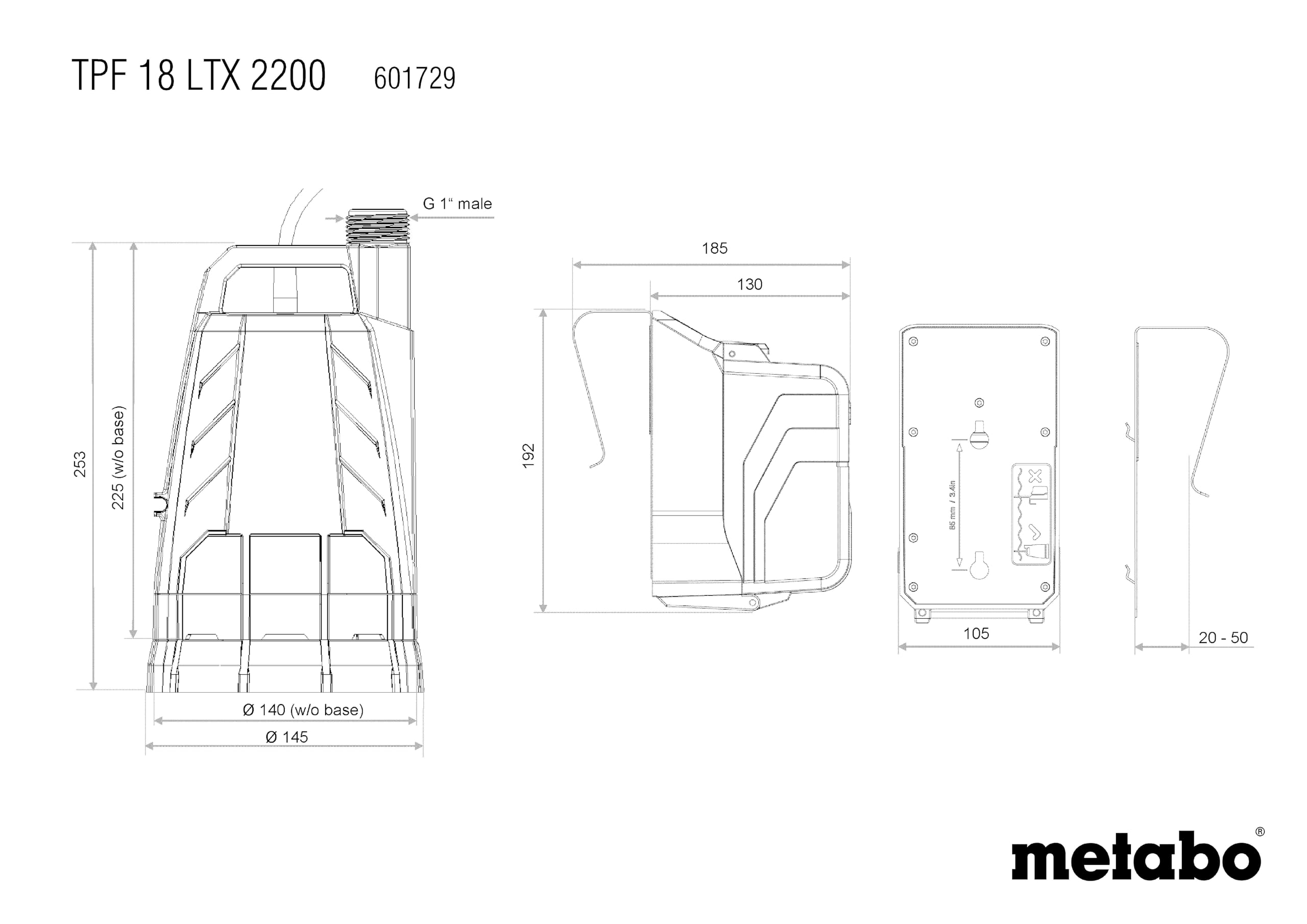 metabo Pompe Immergée TPF 18 LTX 2200, pour Récupérateur d'Eau 18V | Pompe à batterie flexible 2200 l/h, refoulement 22 m, aspiration plate 1 mm, sans batterie ni chargeur