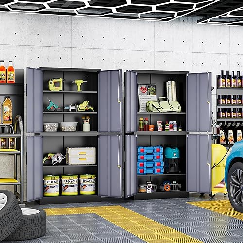 Miniatura 96 de Armario de almacenamiento de metal de 71 pulgadas con cerradura, resistente, gabinetes de herramientas de garaje con puertas y estantes, gabinete