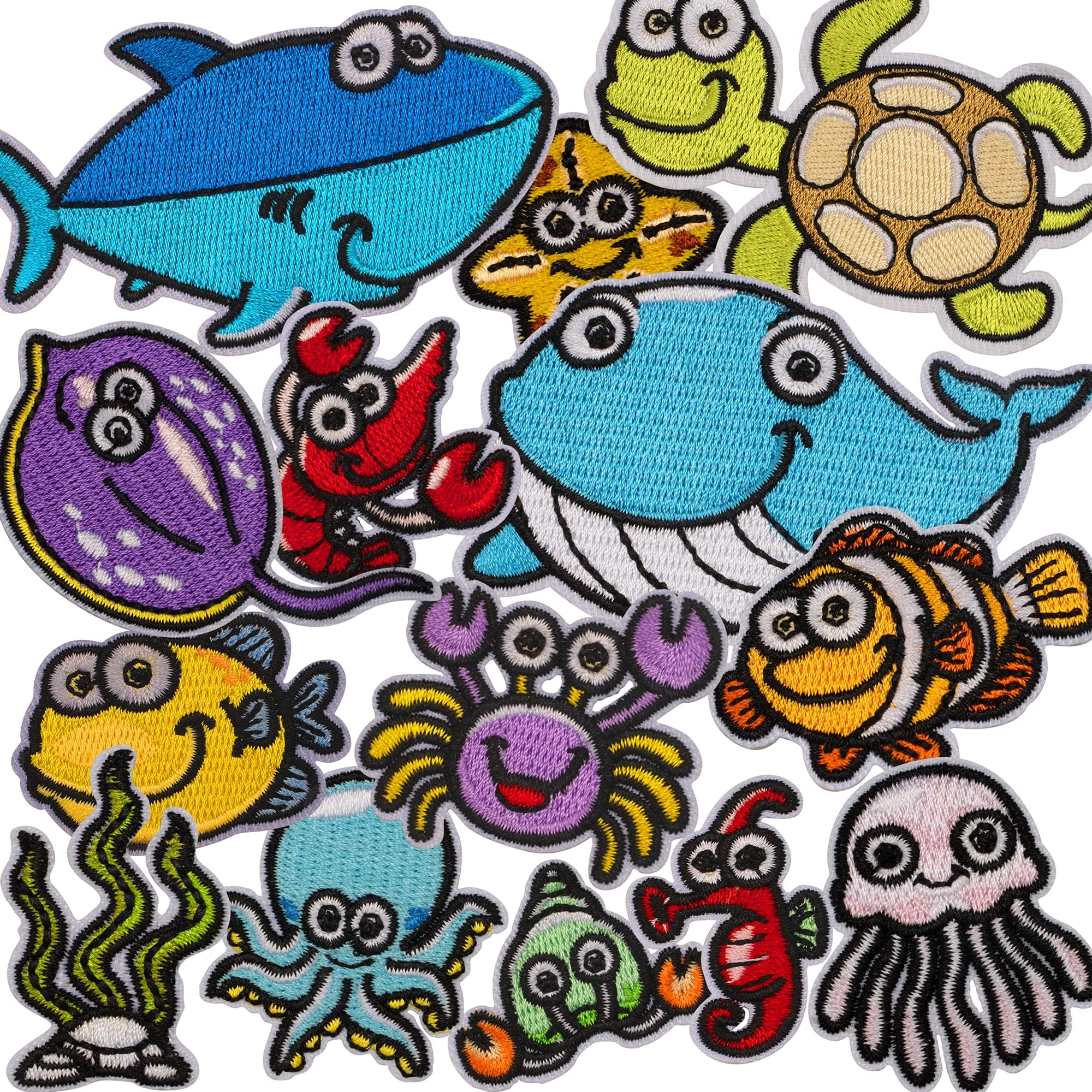 MUSCCCM Iron On Patches,14 Pcs Embroidered Marine Life Applique Patches Kit Assorted Size Decoration Sew On Patches for Clothing Jackets Backpacks Jeans kids and Includes A Set of Sewing Kits