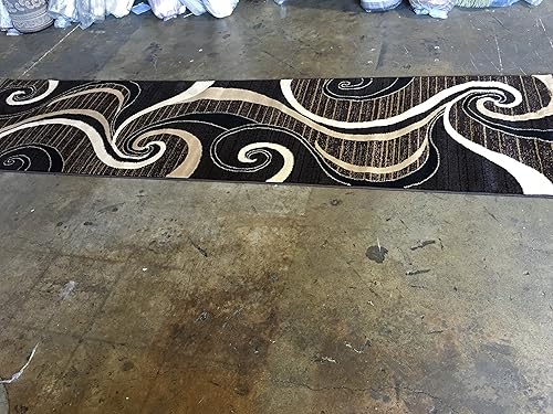 Miniatura 9 de Alfombra moderna de pasillo largo contemporánea, color marrón oscuro y negro, diseño King 344 (32 pulgadas x 10 pies)