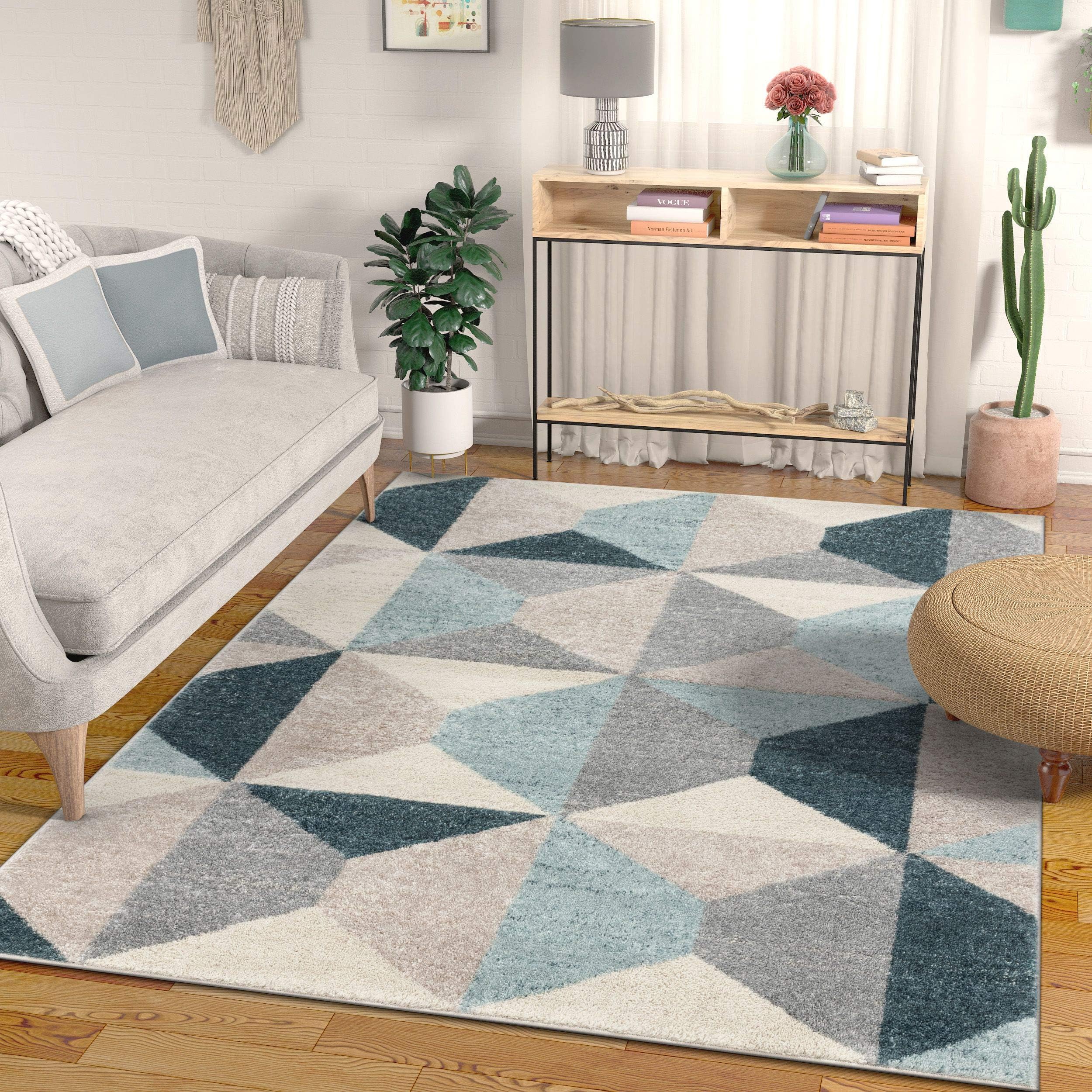 Yara Scandanavian Abstract Geometric Blue, Ivory, Grey Yellow Area Rug 5x7 (5'3" x 7'3")