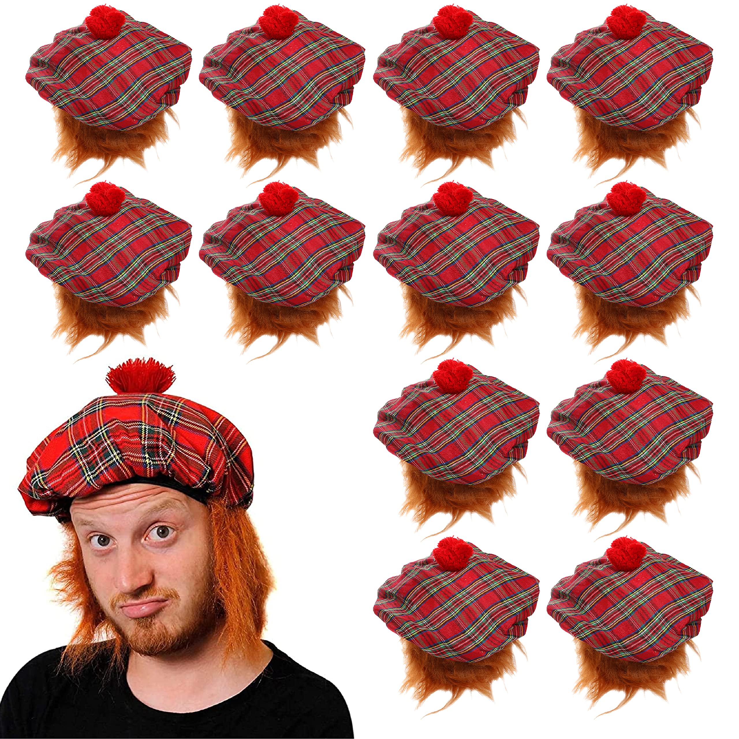 Scottish Tam O Shanter Hat - Pack of 12 - Red Tartan Hat with Attached Orange Hair - Scotland Burns Night Fancy Dress Costume Accessory