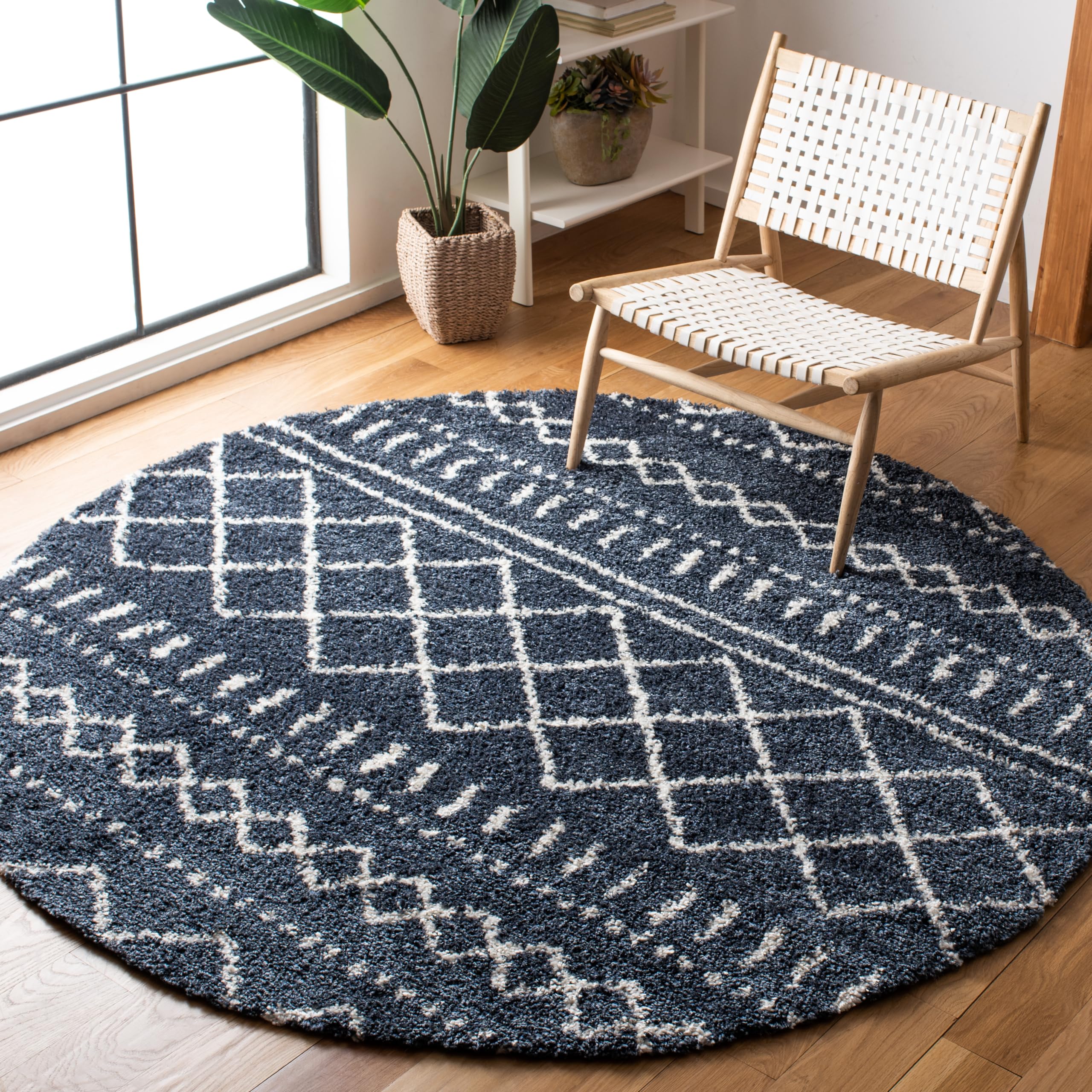 SAFAVIEH Arizona Shag Collection Area Rug - 3'2" Round, Slate Blue &amp; Ivory, Moroccan Boho Design, Non-Shedding &amp; Easy to Clean, Ideal for Living Room, Bedroom, Dining Space (ASG741L)