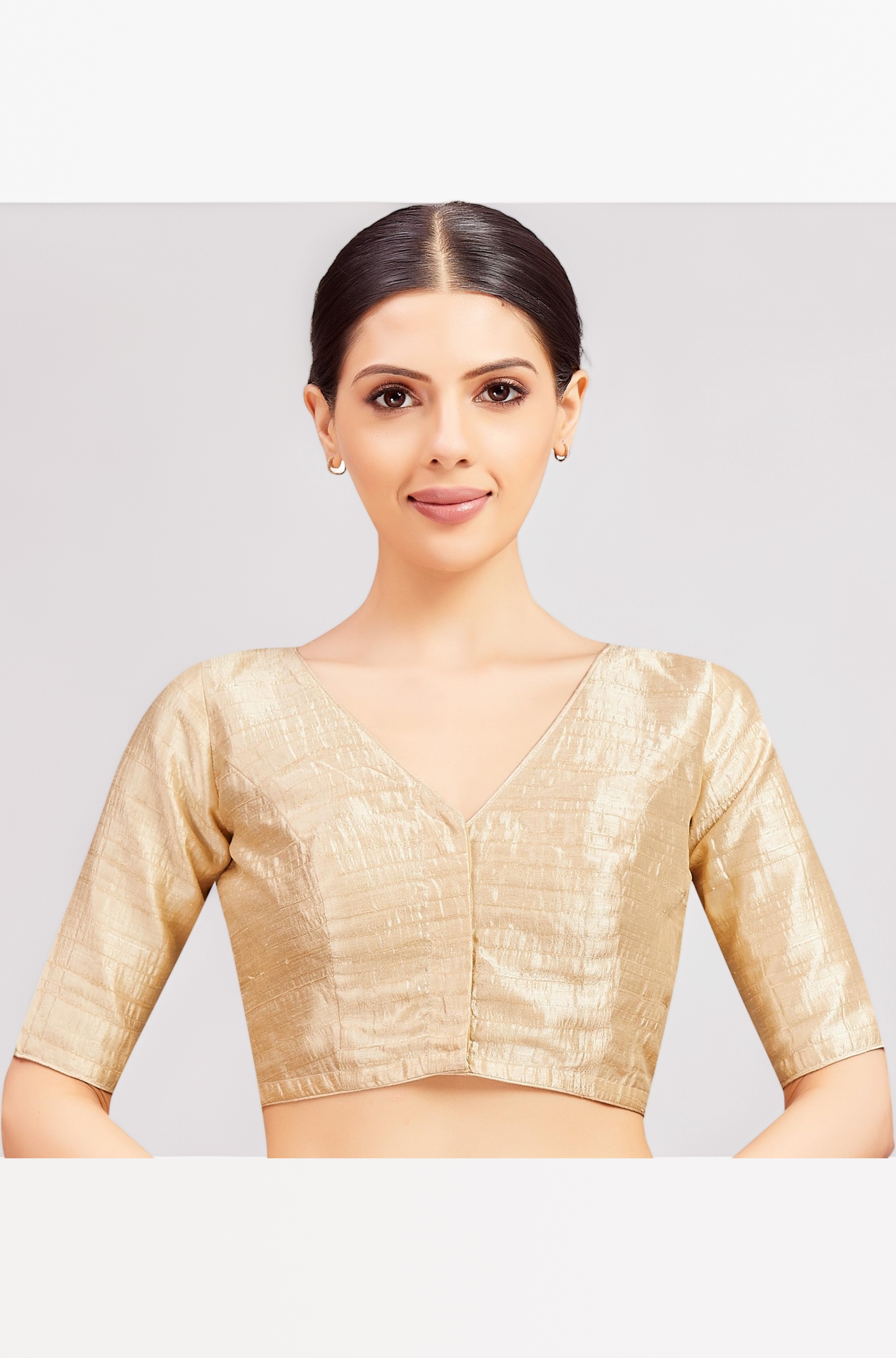 Women Readymade Raw Silk V Neck Saree Half Sleeve Blouse