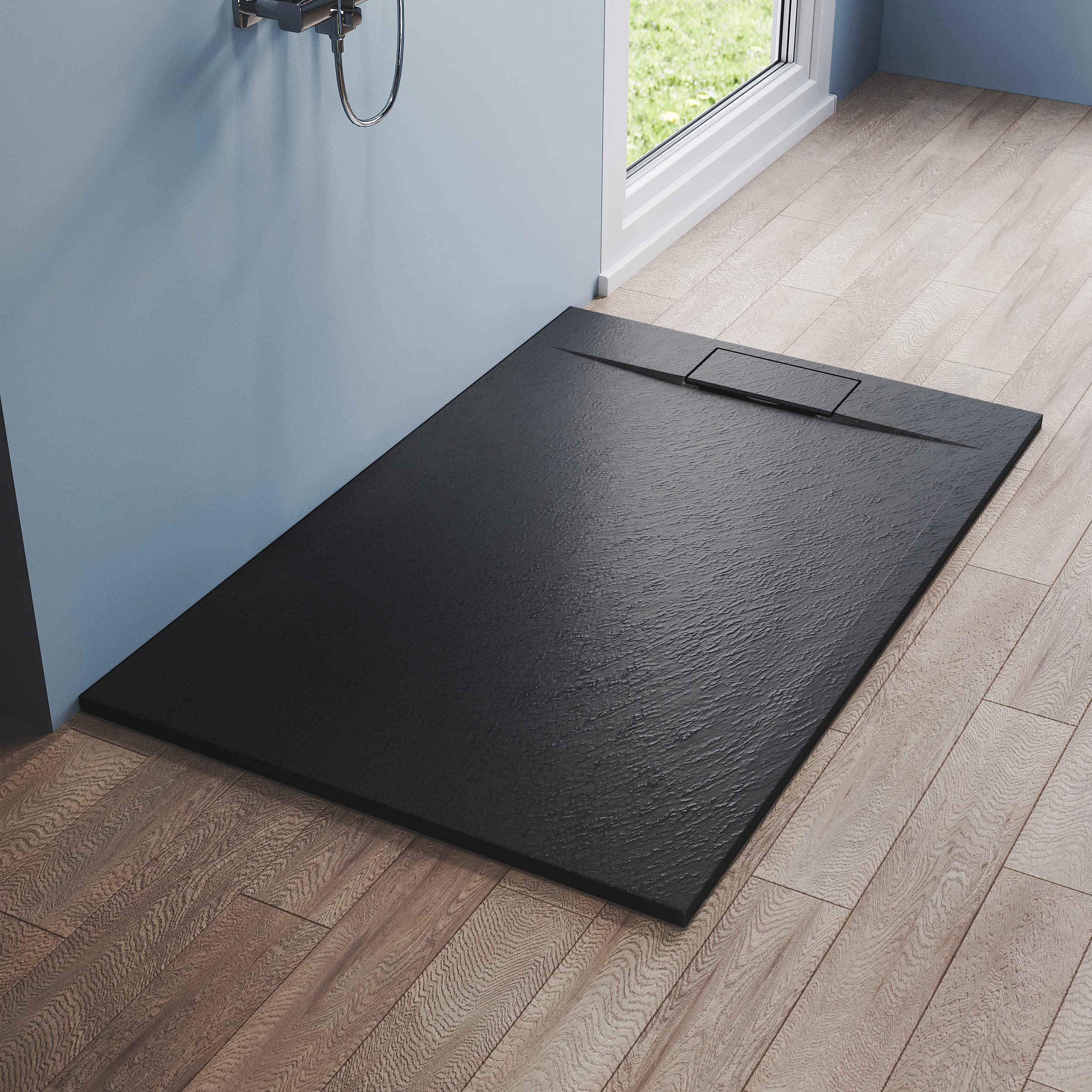 Brodzik prysznicowy 140 x 90 cm, płaski, kompletny zestaw, czarny, wygląd łupka 32 mm, antypoślizgowa struktura, w zestawie syfon
