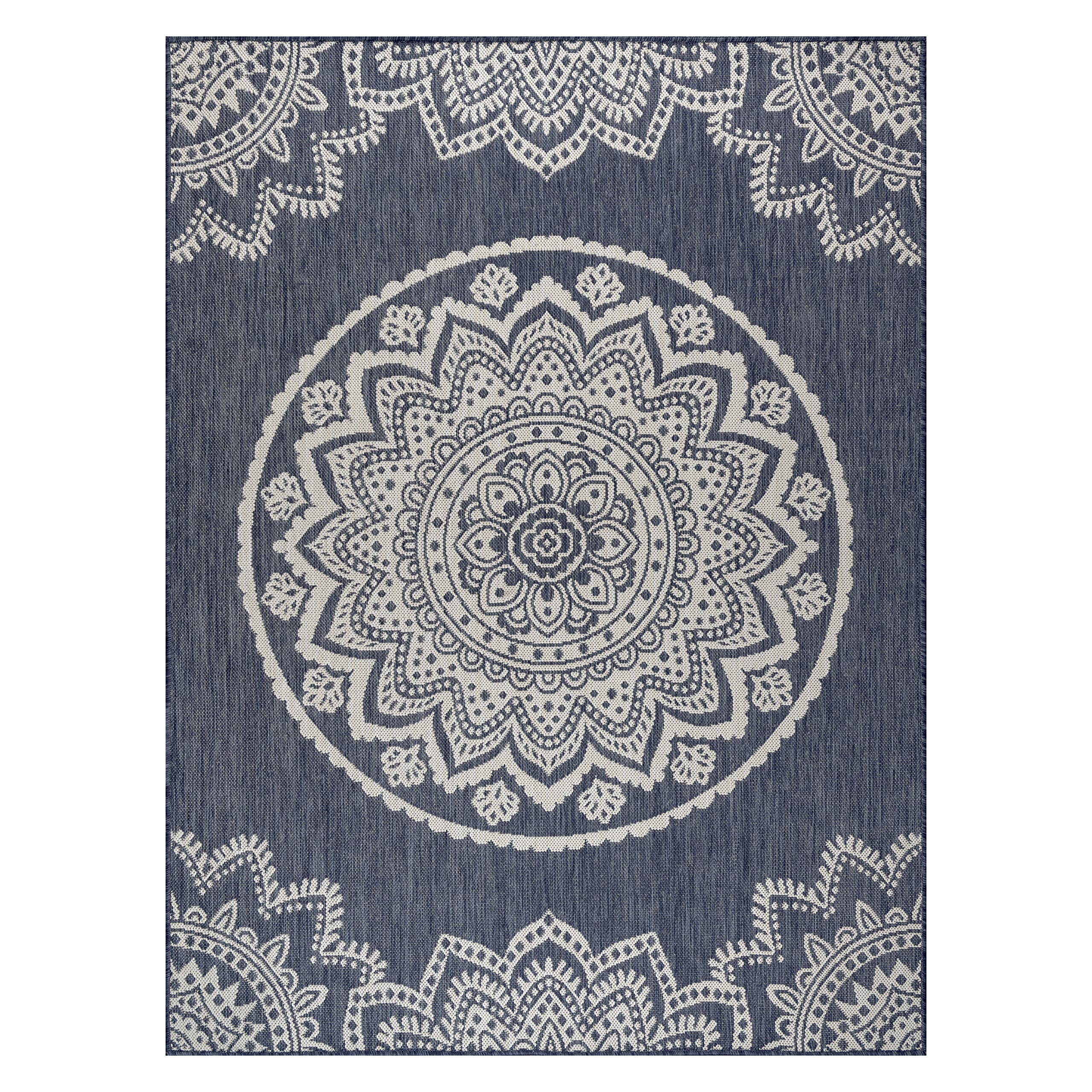 CAMILSON Outdoor Rug - Modern Area Rugs for Indoor and Outdoor patios, Kitchen and Hallway mats - Washable Outside Carpet (5x7, Medallion - Blue/White)