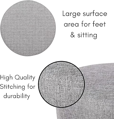 Miniatura 5 de BIRDROCK HOME Taburete otomano de lino gris – Asiento acolchado redondo suave y compacto – Sala de estar y dormitorio – Patas de madera negra