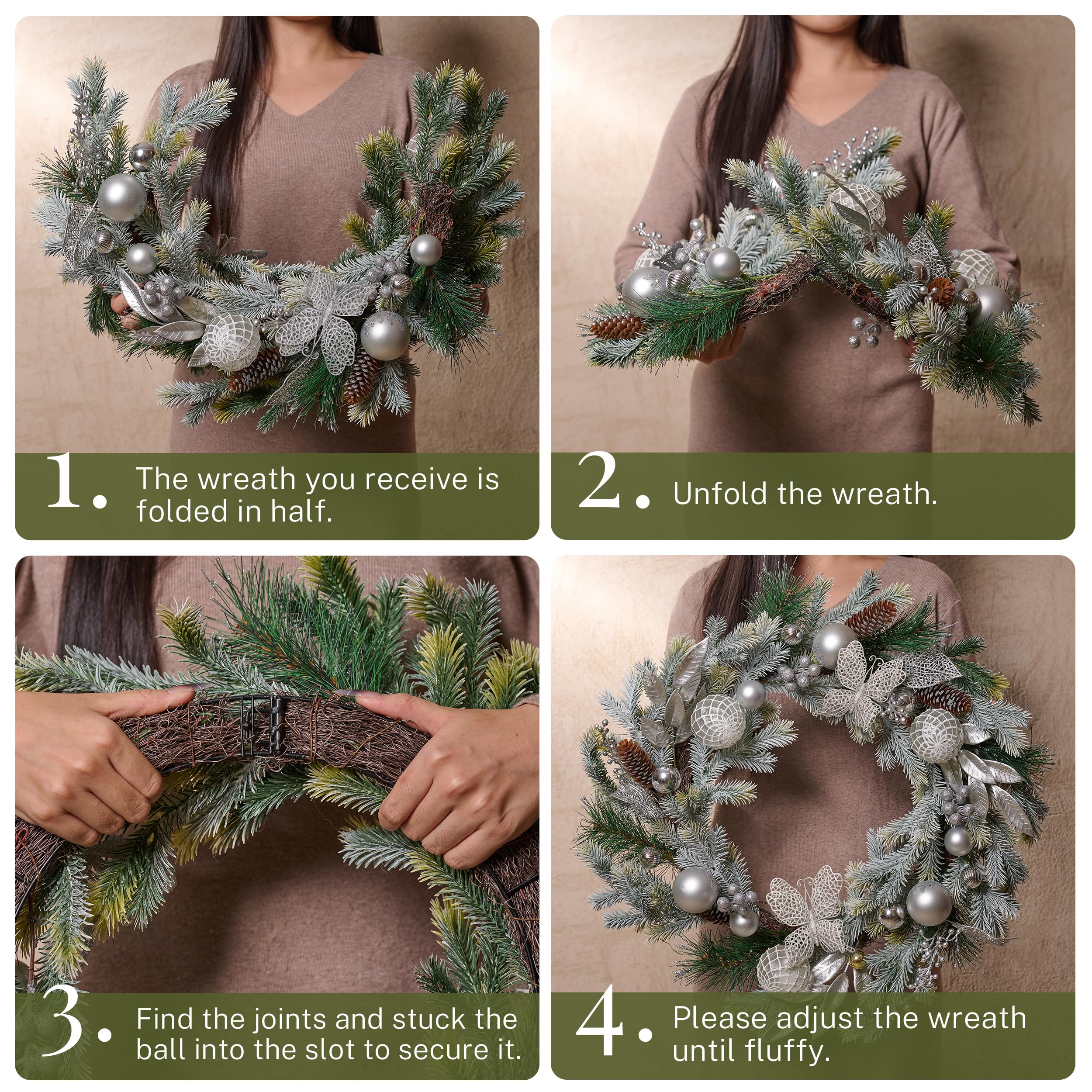 Decorbyhannah Corona de Navidad, coronas de Navidad de 24 pulgadas para puerta delantera con luces, arrecife plegable artificial para interiores y exteriores con adornos de piña de bayas para ventana