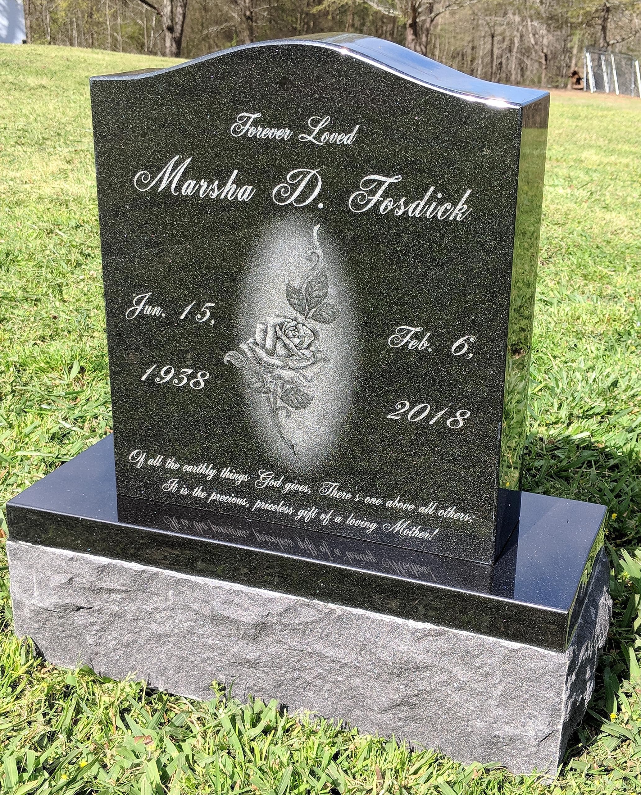 Granite Memorial Headstone Die and Base - Etched India Black