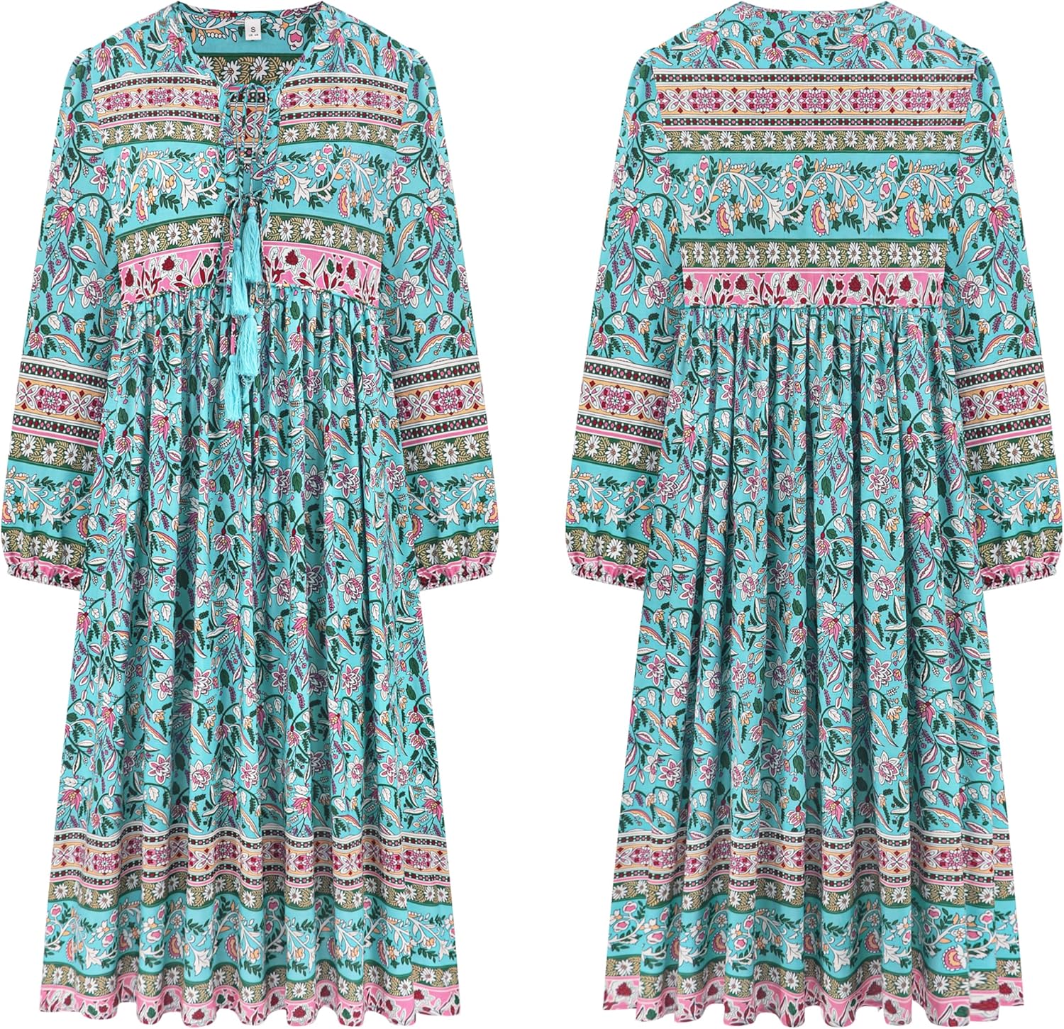 R.Vivimos Women's Long Sleeves Floral Print Retro V Neck Tassel Casual Bohemian Midi Dresses - Image 7