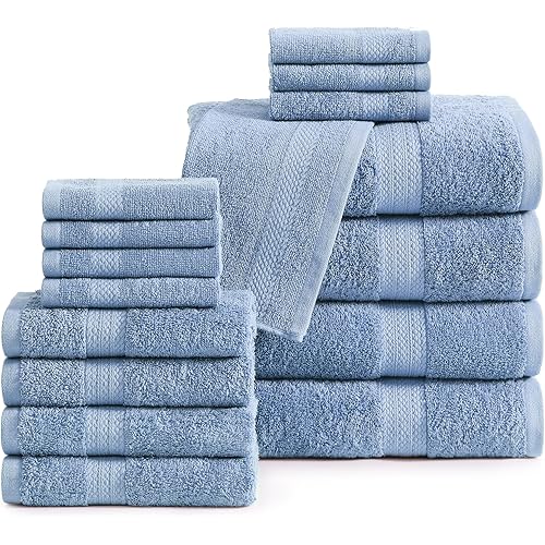 LANE LINEN 100% Cotton Premium Bathroom Towels Set - 16 Pieces - Ring Spun, Quick Dry, Super Soft & Highly Absorbent - 4 Bath, 8 Washcloths, 4 Hand Towels for Bathroom - Pre Shrunk - Cerulean Blue