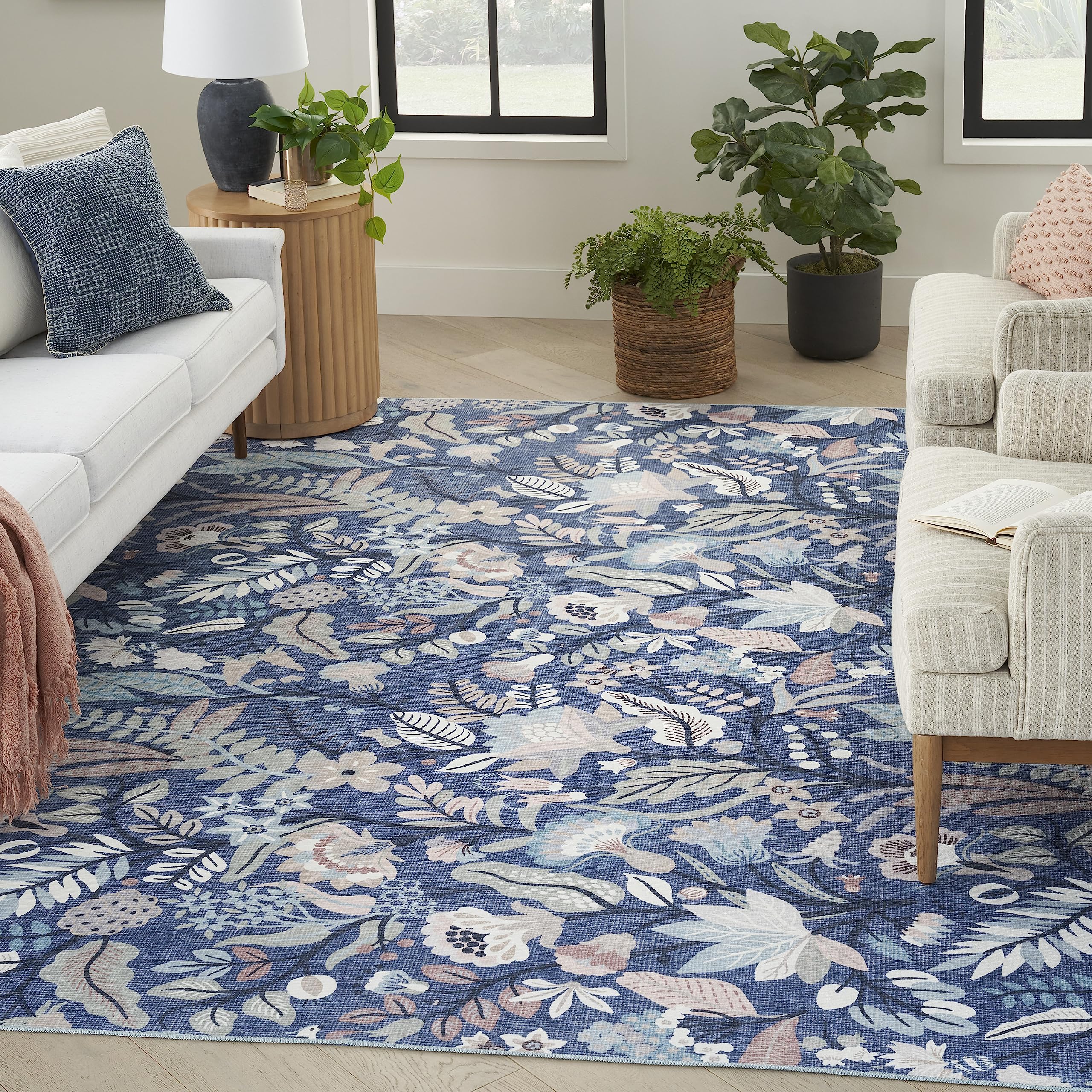 Nourison Home Washables Floral Navy Multicolor 4' x 6' Area -Rug, Easy -Cleaning, Non Shedding, Bed Room, Living Room, Dining Room, Kitchen (4x6)